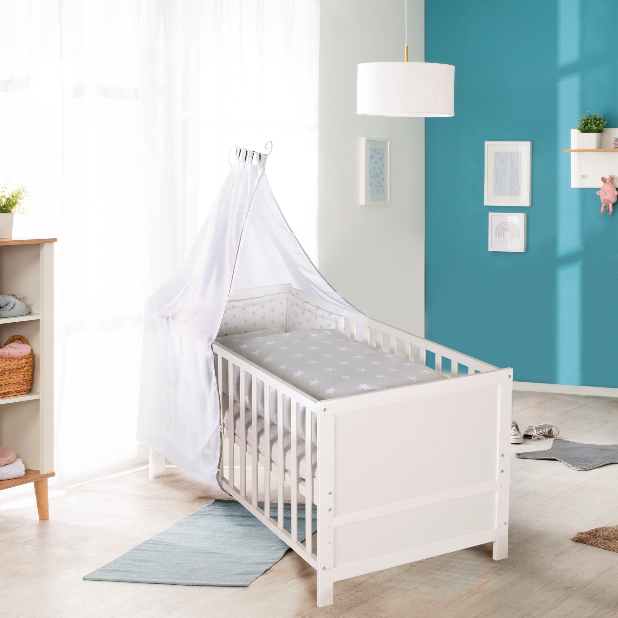 roba® Komplettbett Kinderbettset, Sterne grau, 70x140 cm, 5-tlg., mit Lattenrost, Matratze, Bettwäsche, Nest & Himmel