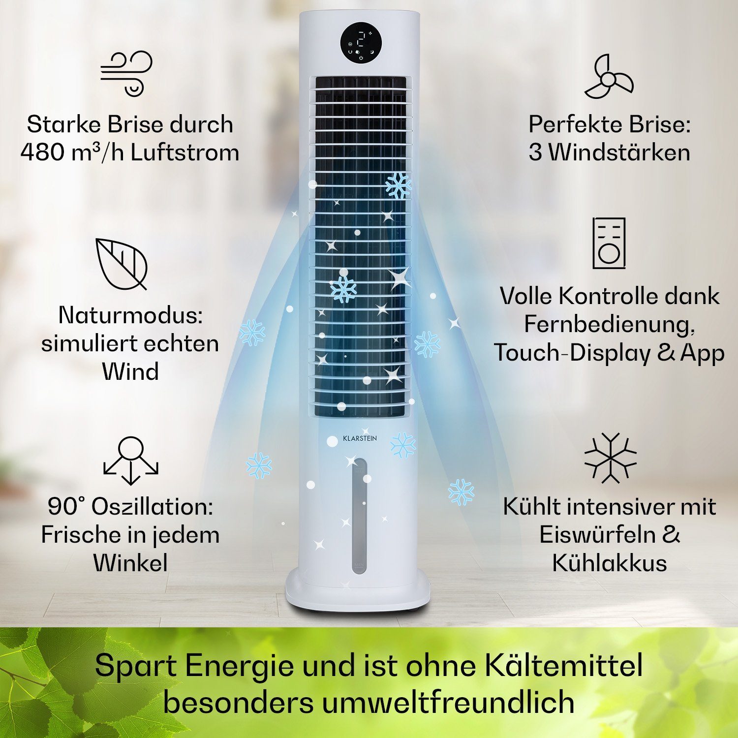 Klarstein Ventilatorkombigerät Skytower Grand Smart Luftkühler, mit Wasserkühlung & Eis mobil Klimagerät ohne Abluftschlauch