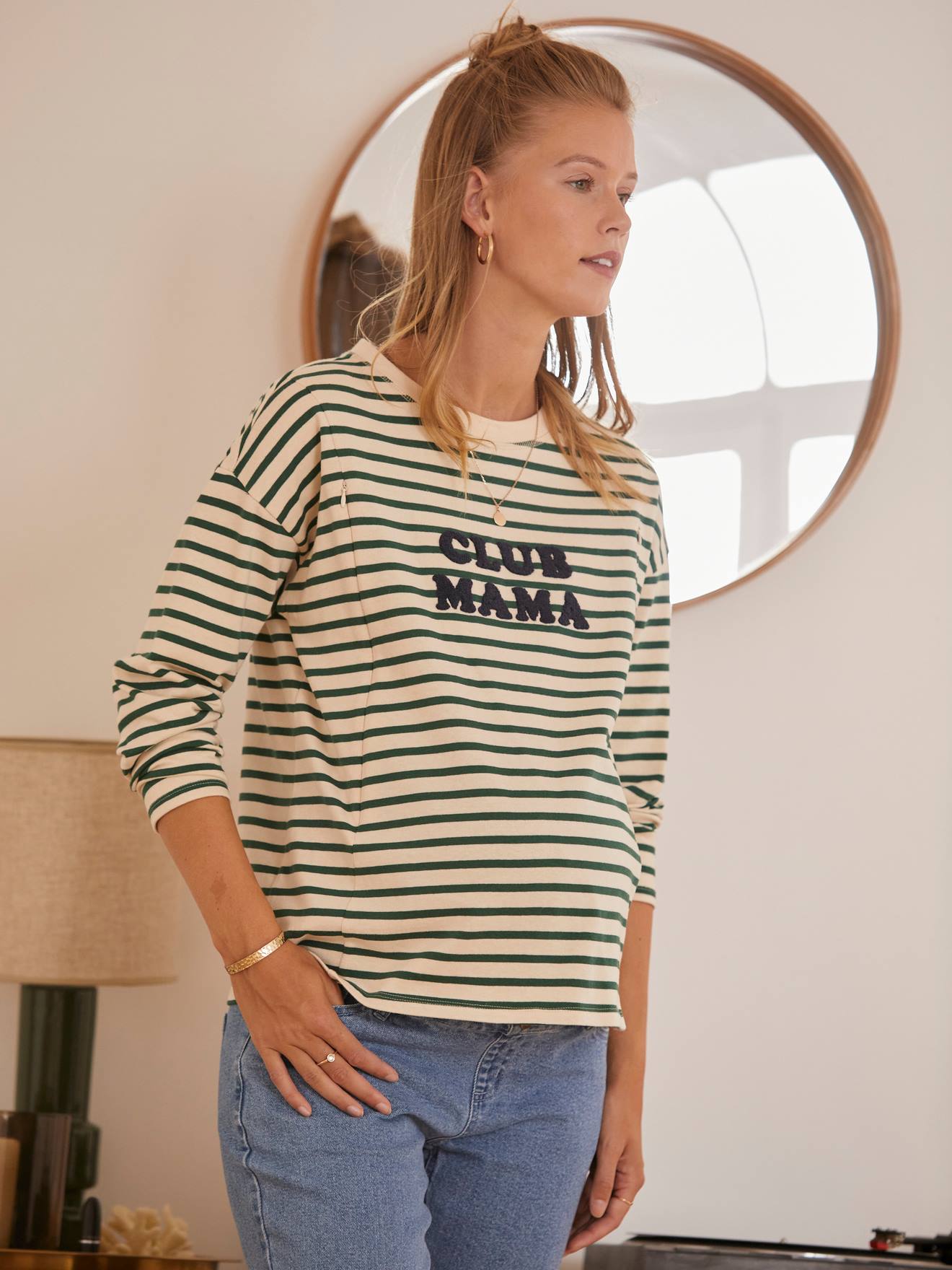 T-shirt marinière grossesse et allaitement vert rayé blanc