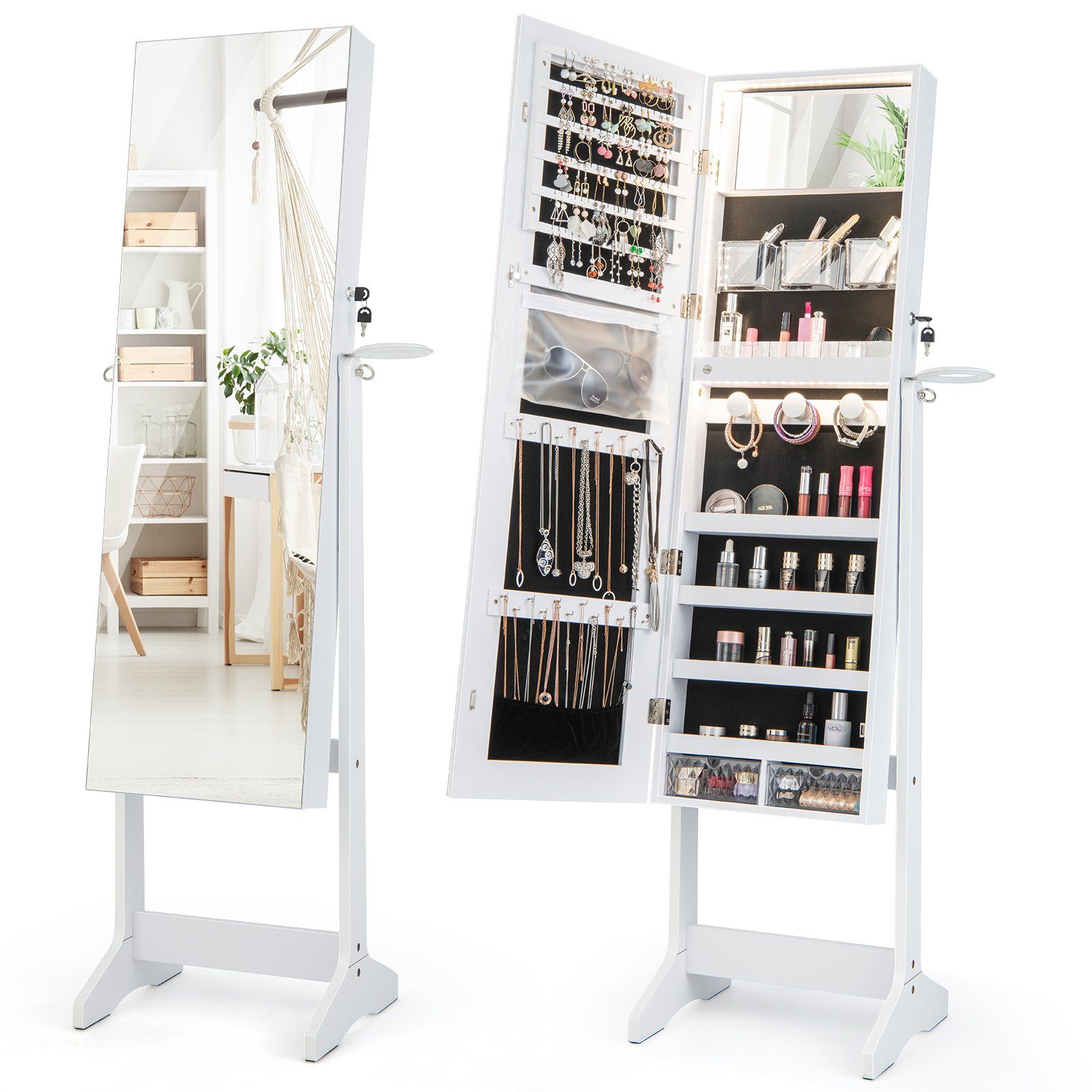 COSTWAY Schmuckschrank stehend, mit Spiegel & LED, abschließbar, weiß, 156 cm