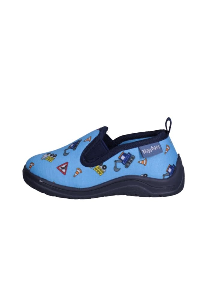 Playshoes Hausschuh Allover Baustelle in Blau günstig kaufen