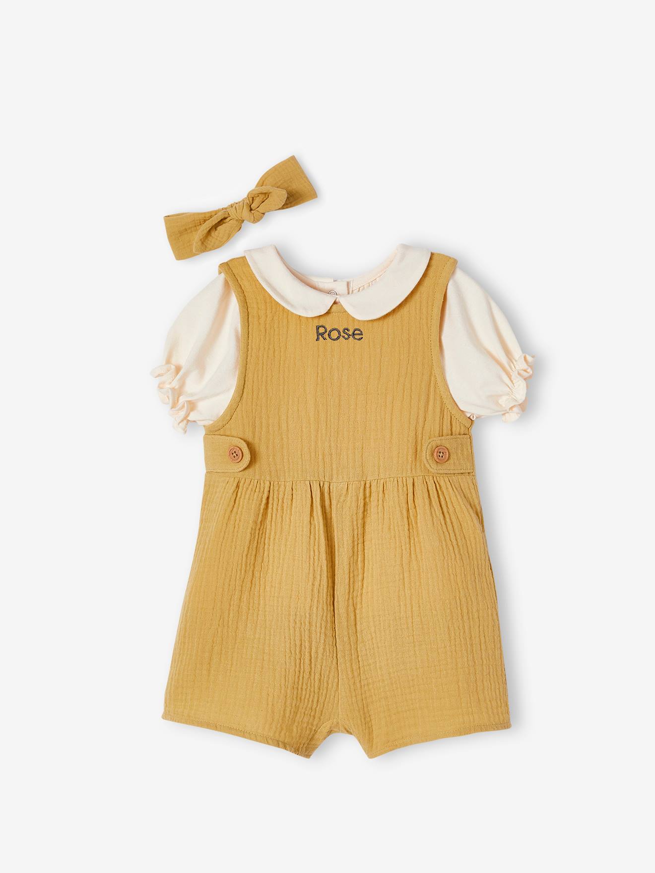 Ensemble 3 pièces bébé T-shirt, combinaison et bandeau personnalisable vieux rose