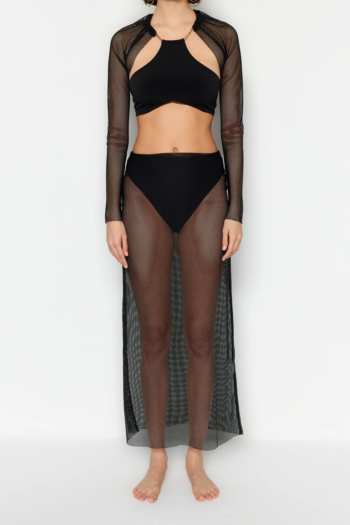 Trendyol Collection  Schwarzes Strick-Accessoire-Bluse-Rock-Set TBESS23AU00203