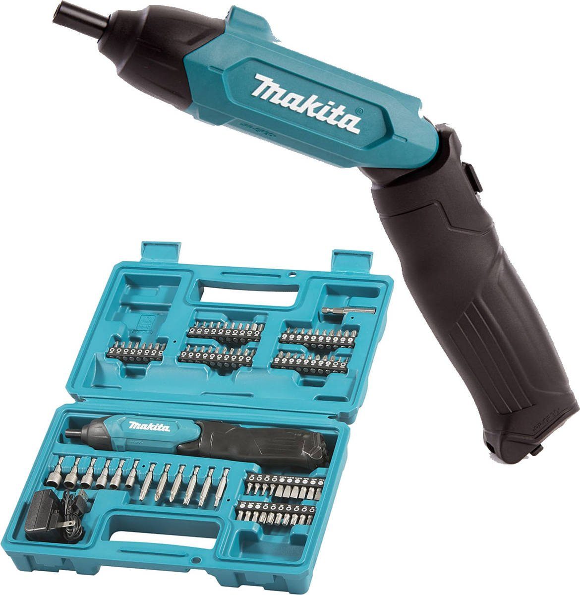Makita Akku-Schrauber DF001DW, 220 U/min, 4 Nm, (Komplett-Set, inkl. 81-teiliges Zubehör-Set und Koffer), Griff knickbar, Rechts-/ Linkslauf, LED Licht