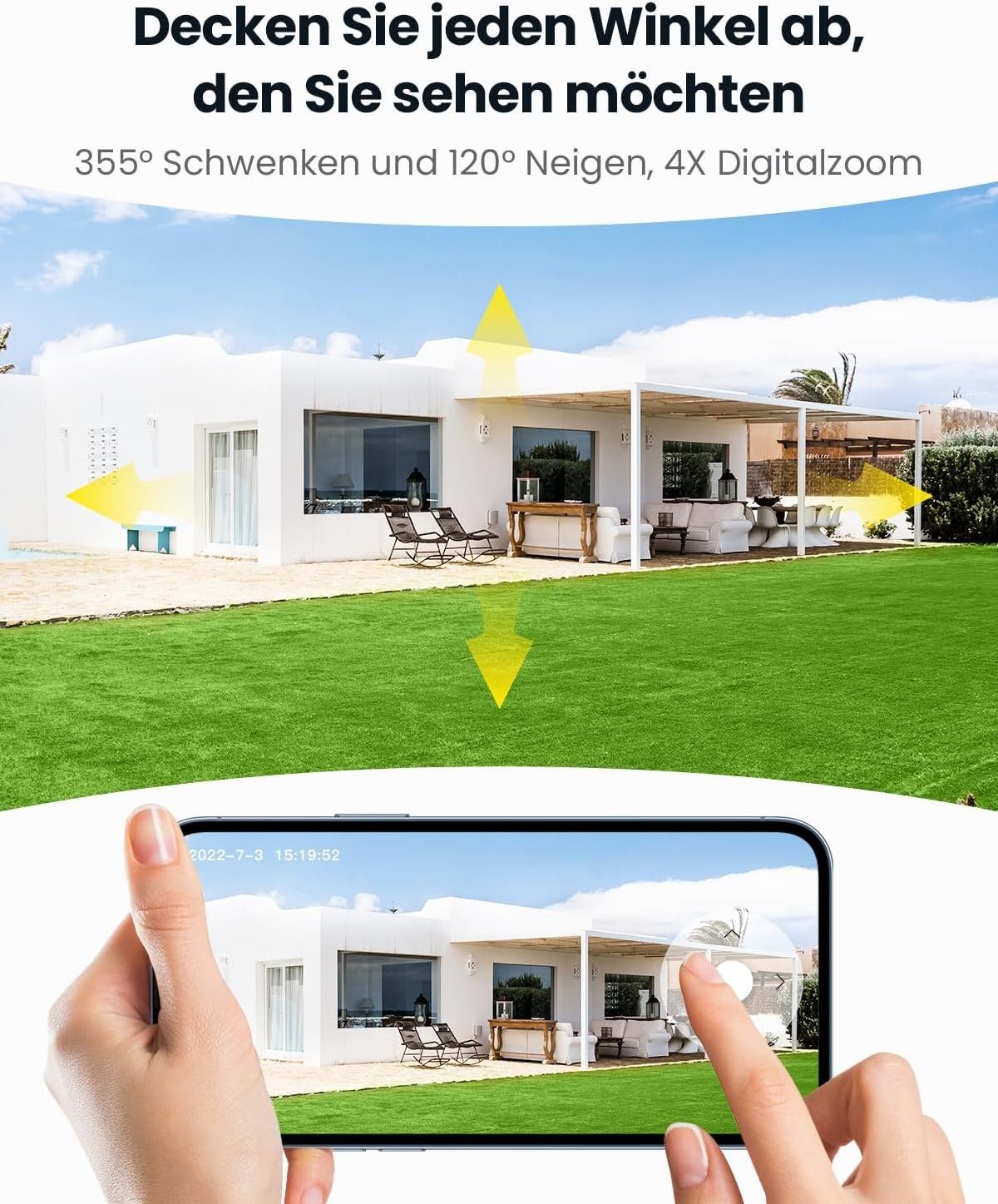 ieGeek 2K Solar Überwachungskamera Aussen akku 355°/120° Pan Tilt WLAN Kamera Überwachungskamera (AuBenbereich, 4X ZOOM,Solarpanel,Mit 32GB SD KARTE, LED-Licht, Humanoiderkennung/PIR-Erkennung, 2-Wege-Audio, Cloud/SD, Alexa, Sirene/Lichtalarm, Videov