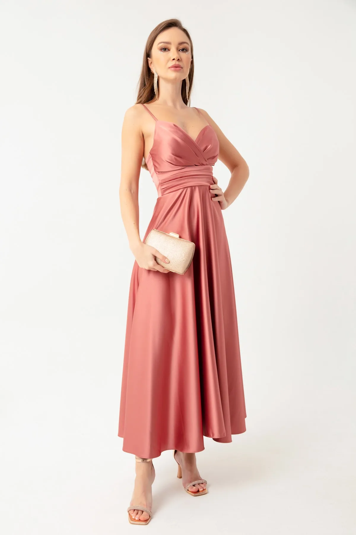 Lafaba  Lachsfarbenes Midi-Abendkleid und Abschlusskleid aus Satin mit Riemen an der Taille und Gürtel für Damen