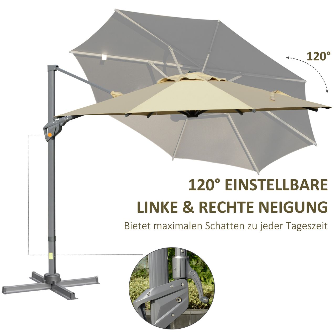 Outsunny Sonnenschirm Ø298 cm Kurbelschirm Ampelschirm Winkel verstellbar Khaki