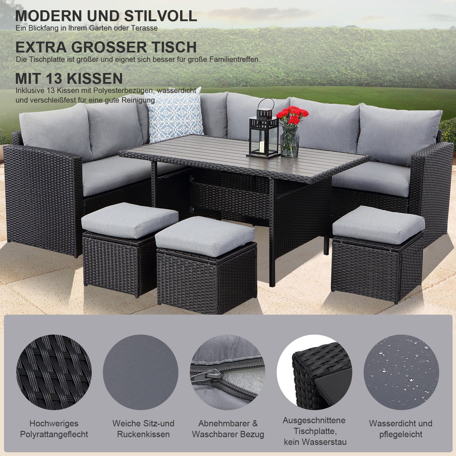 MeXo von GLP HOME Loungeset Gartenmöbel Set sale aus Polyrattan, Gartenloungeset, Sitzgruppe, (Gartengarnitur, Loungeset mit Kissen, 2-Sitzer, Ecksofa, Esstisch, 3 Hocker), Sitzgarnitur Terassenmöbel wetterfest für 6-10 Personen