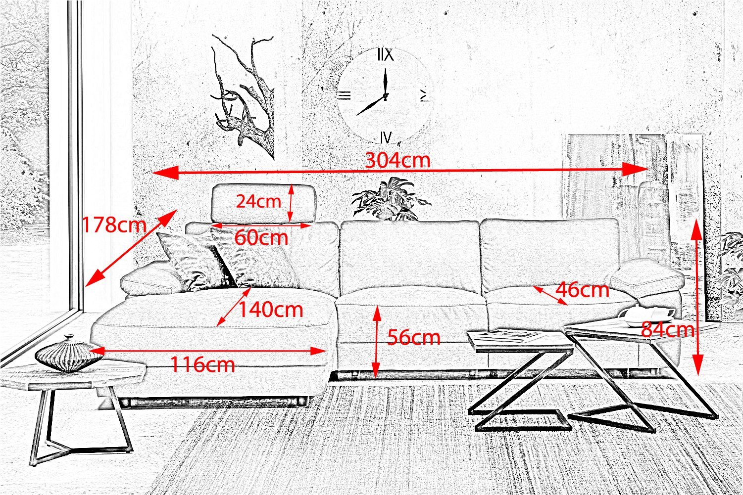 KAWOLA Ecksofa LOLA XL, Sofa Stoff od. Leder, Recamiere rechts od. links, versch. Farben