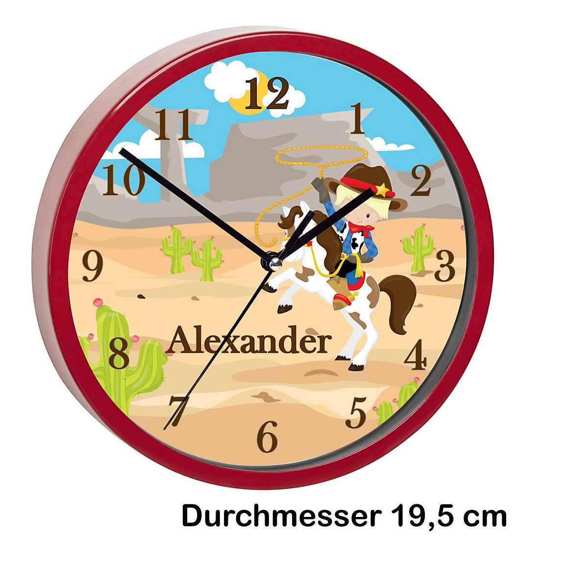 Kinder Wanduhr laufruhig personalisiert mit Name Cowboy