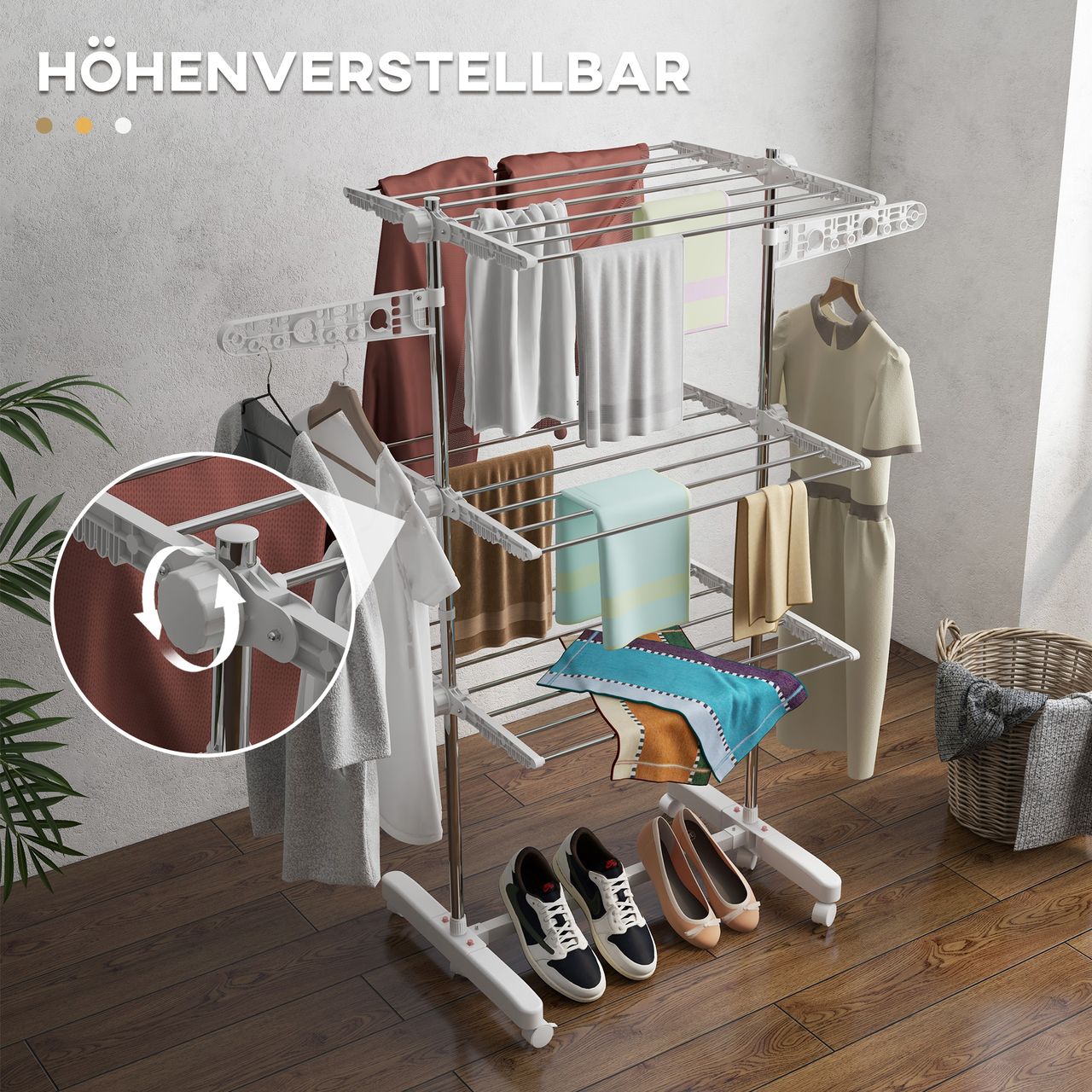HOMCOM Mobiler Wäscheständer Wäschetrockner Kleiderständer 3 Ebenen klappbar Rolle 80-142 x 55 x 152 cm
