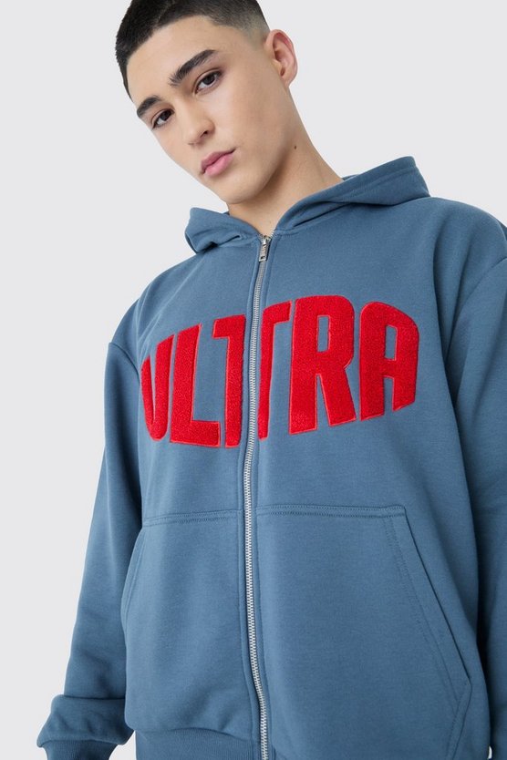 Kastiger Oversize Hoodie mit Reißverschluss und Borg-Applikation
