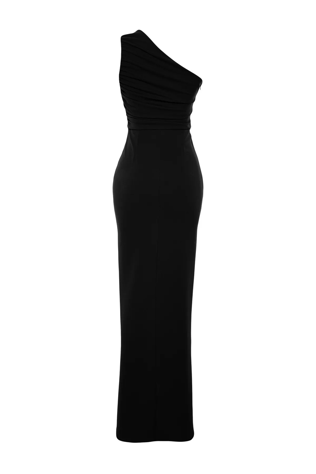 Trendyol Collection  Schwarzes, figurbetontes, langes Abendkleid aus Strick mit einzelnen Ärmeln TPRSS24AE00172