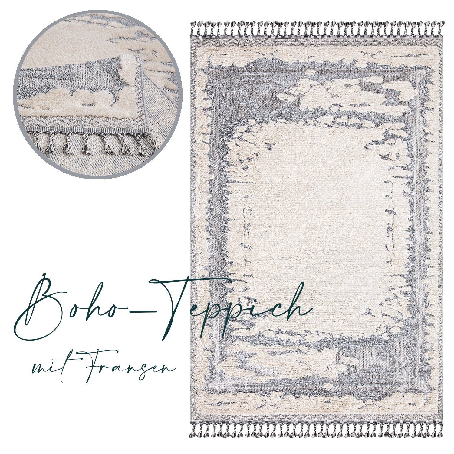 Teppich Boho Skandinavisch Style - Hochtief Effekt Cut-& Loop, payé, Rechteckig, Höhe: 20 mm, Ornament Muster - Hochtief Effekt