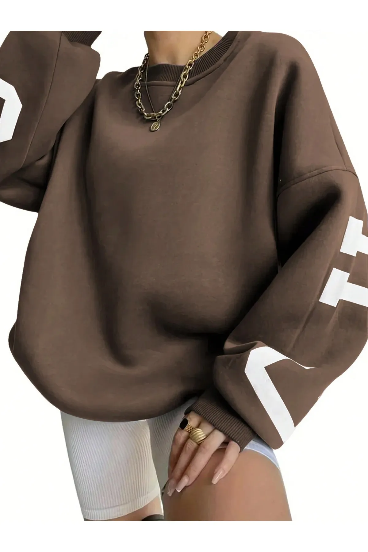 Know  Damen-Sweatshirt „Chicago“ mit braunen Ärmeln, bedruckt, Oversize-Rundhalsausschnitt