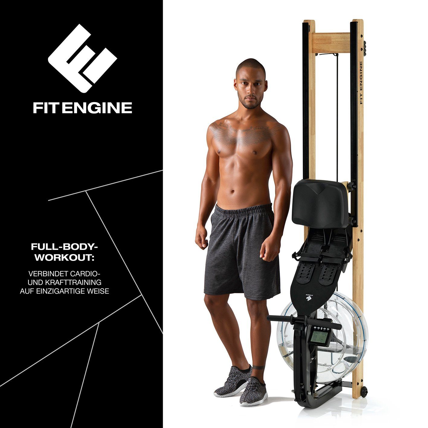 FitEngine Rudergerät Wasserwiderstand Smart Holz/Schwarz 150kg