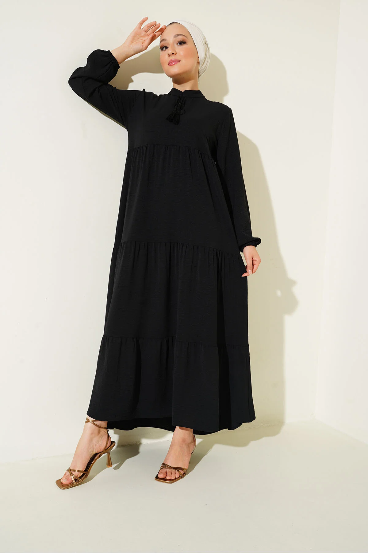 Bigdart  1627 Hijab-Kleid mit Kragen und Schnürung, Ramadan-Kollektion – Schwarz