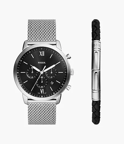 Fossil Box-Set Uhr Neutra Chronograph Milanaise Edelstahl Armband