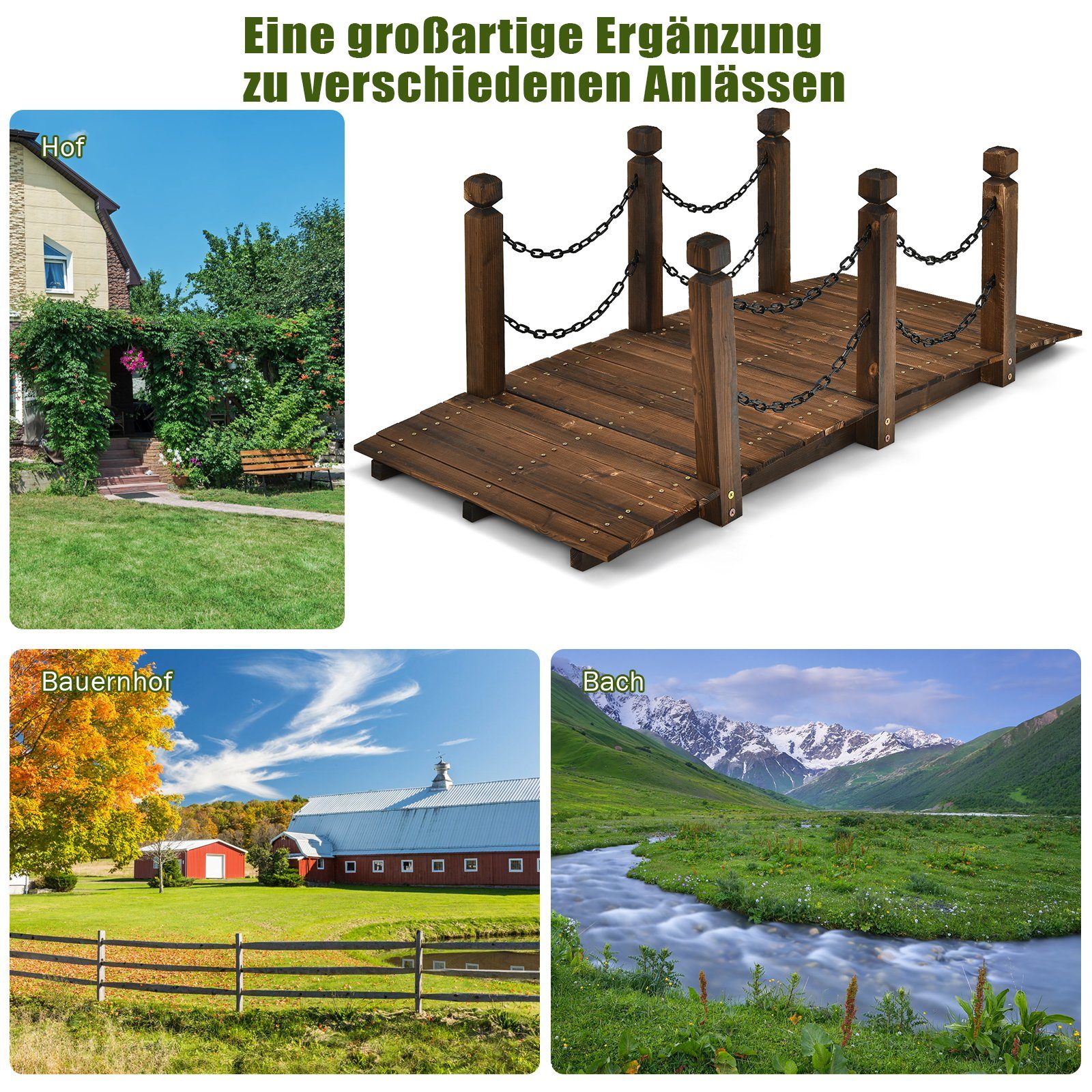COSTWAY Zierbrücke, Gartenbrücke belastbar bis 120kg, 151 x 67 x 55cm