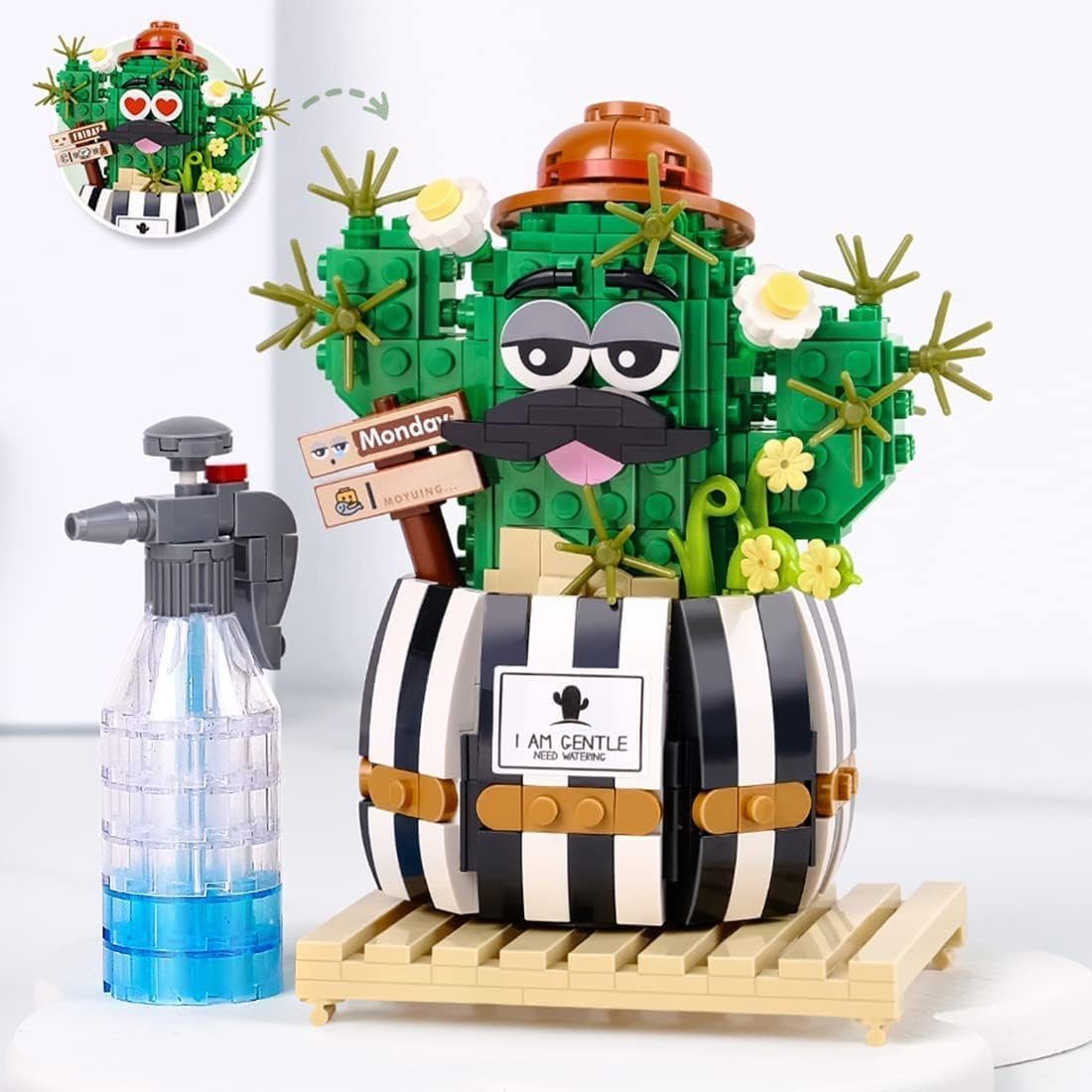 Kunstbonsai Kaktus Bausteine Bausatz, Bonsai Bauchiger Kaktus Baustein, KINOMI, Nicht Kompatibel mit Lego