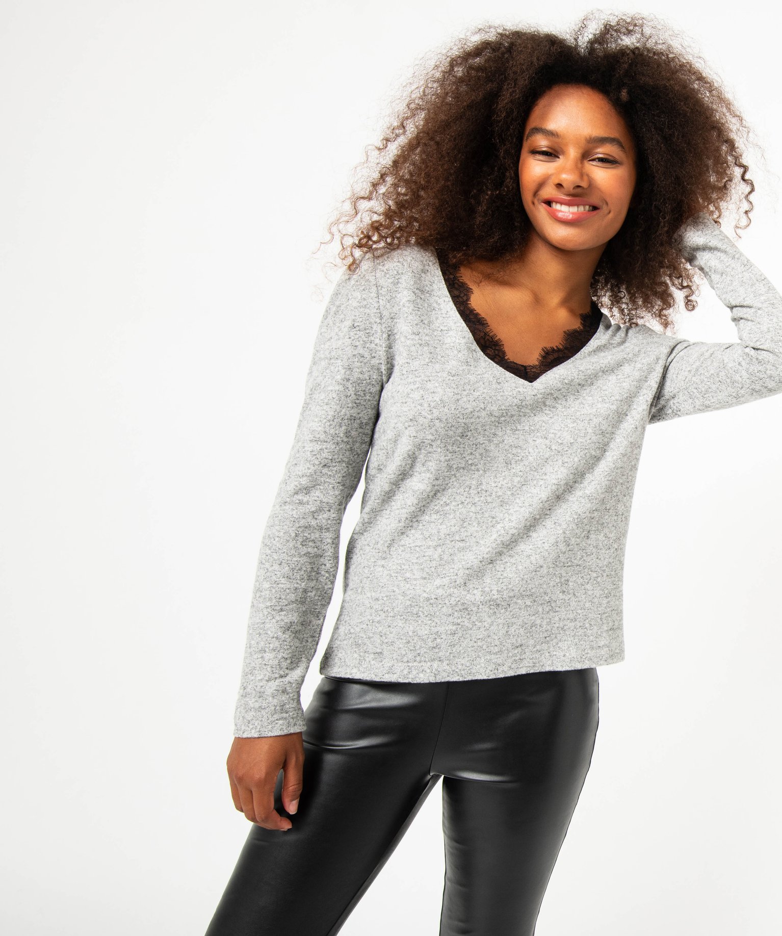 Tee-shirt à manches longues avec col V en dentelle femme gris clair | GEMO
