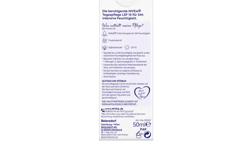 NIVEA Beruhigende Tagespflege 24h Feuchtigkeit Sensible Haut LSF15 50 ml