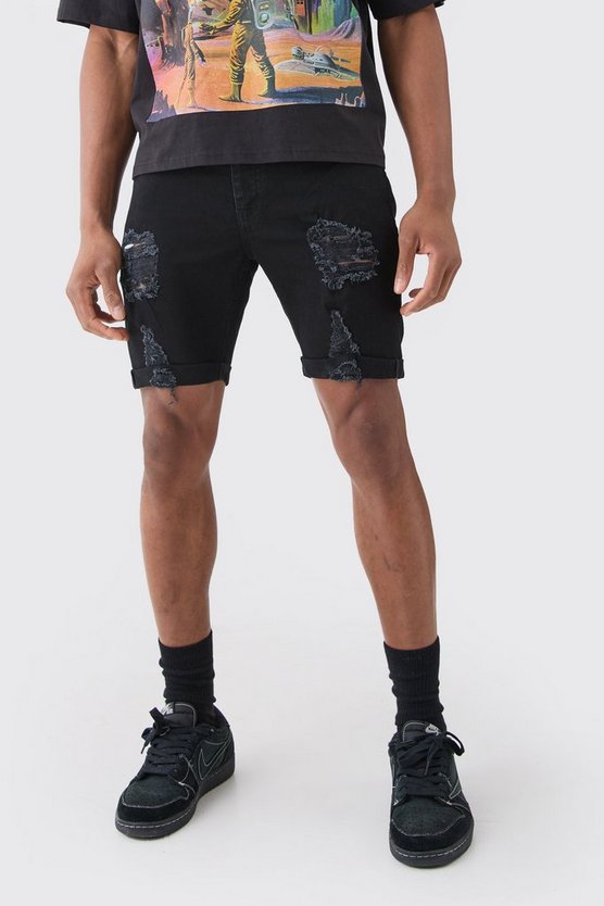 Schwarz zerrissene Skinny Stretch Jeansshorts