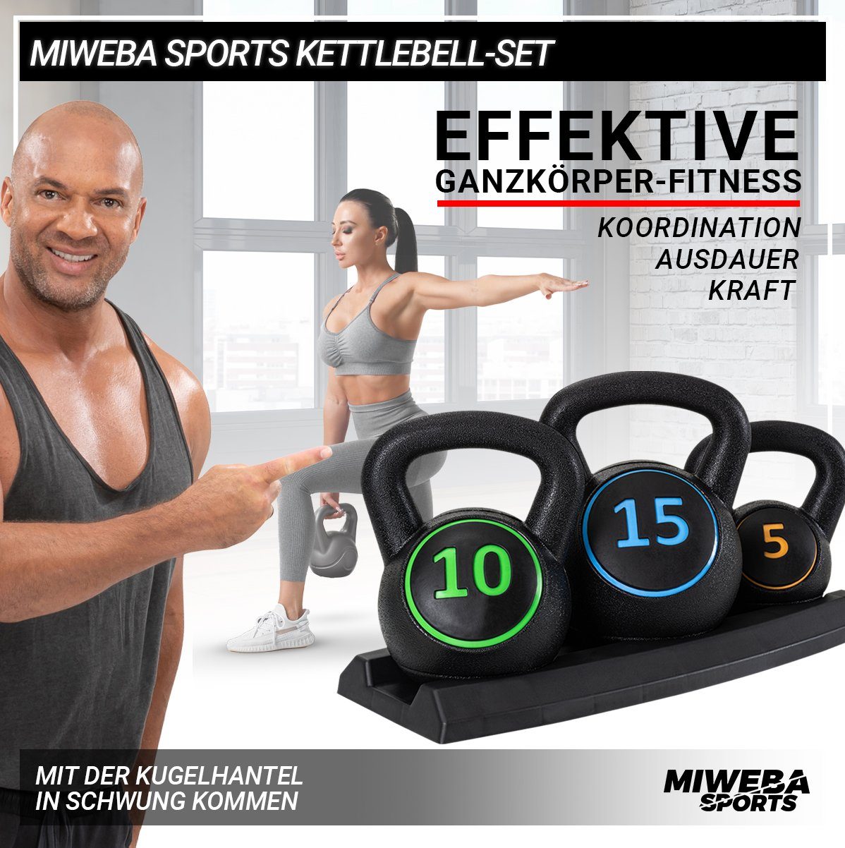 Miweba Sports Kettlebell Premium Kettlebell Set inkl. Ablage, 5/10/15 Lbs, (Schwunghantel - Hantelset Indoor & Outdoor - Krafttraining Workout Kugelgewicht Übungsseil, Total 13,8 Kg, 2.3/4.6/6.9Kg), Fitness Seil Kurzhantel Hanteln Gewichte Kugelhante