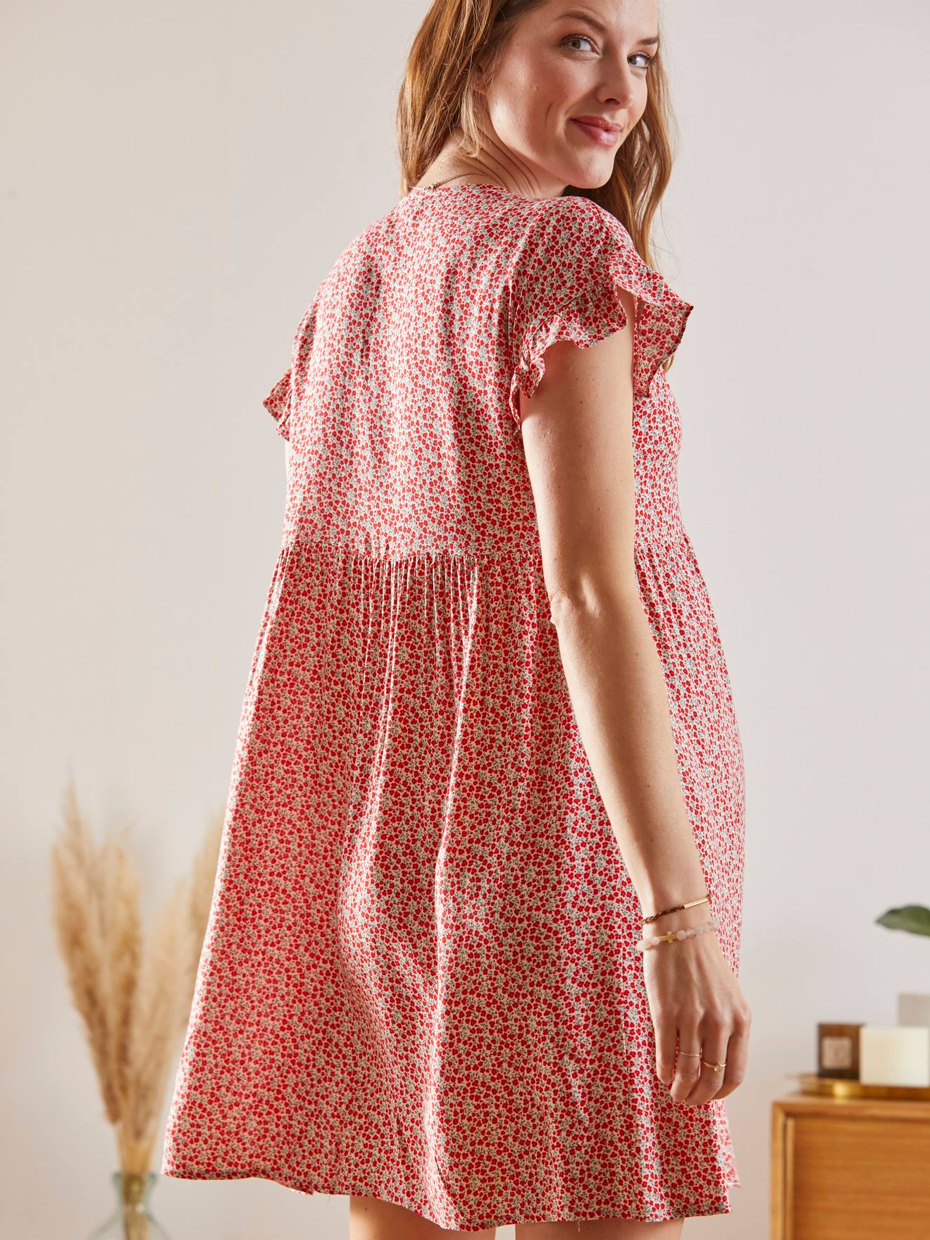 Robe fluide imprimée grossesse et allaitement beige aop