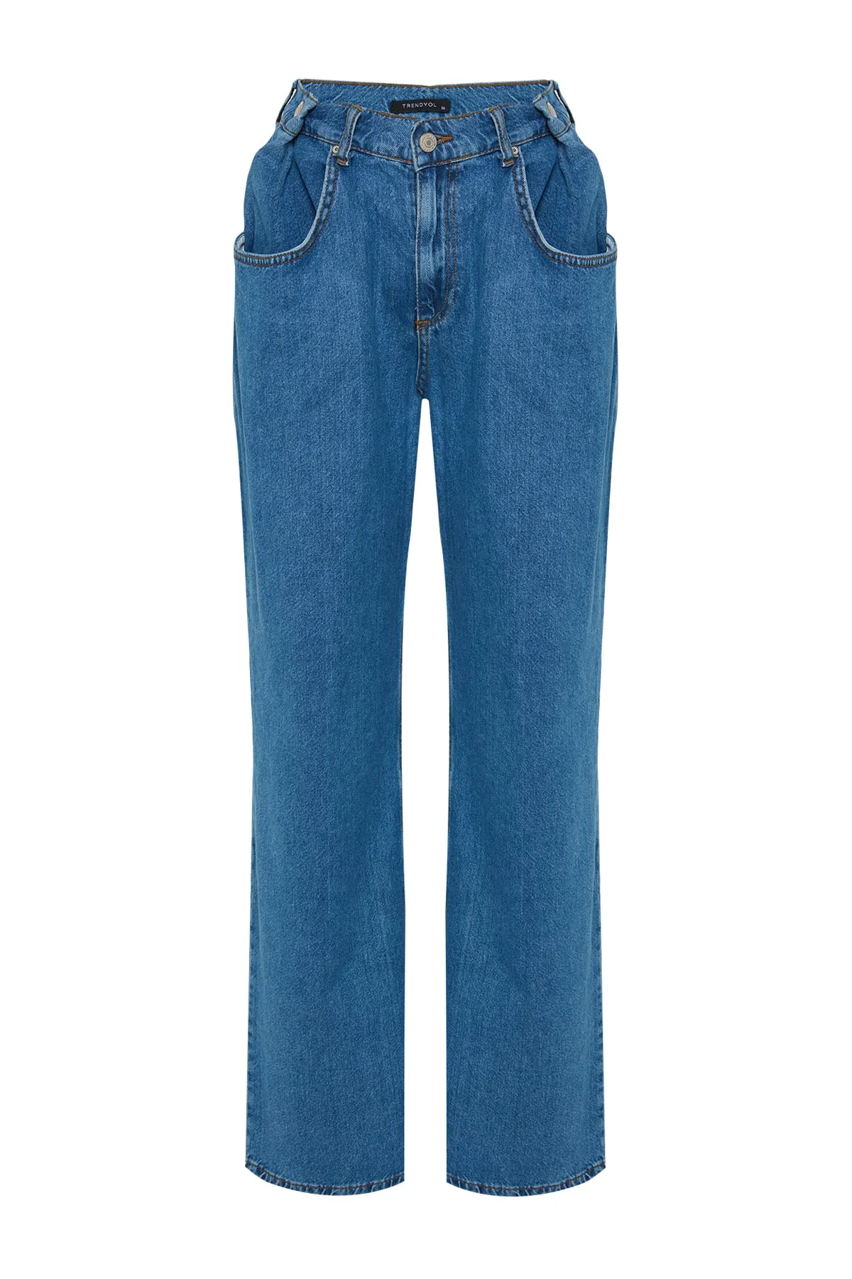 Trendyol Collection  Blaue Jeans mit hoher Taille und weitem Bein und Knopfleiste, Faltendesign TWOAW24JE00005