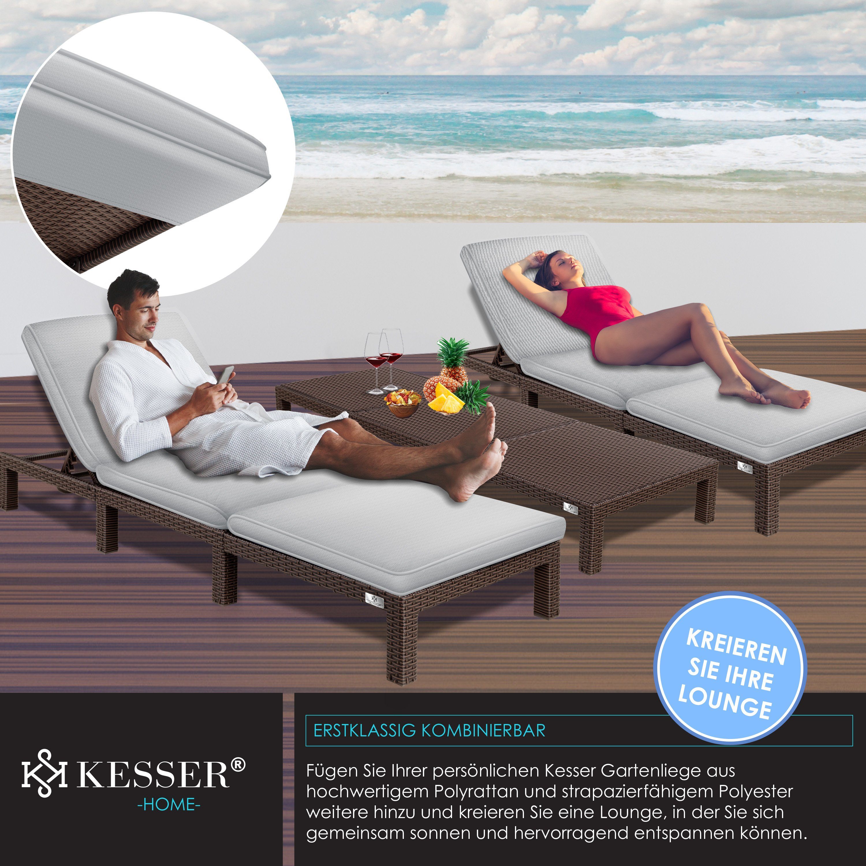 KESSER Gartenliege, Sonnenliege Polyrattan Palma Gartenliege Auflage für Balkon