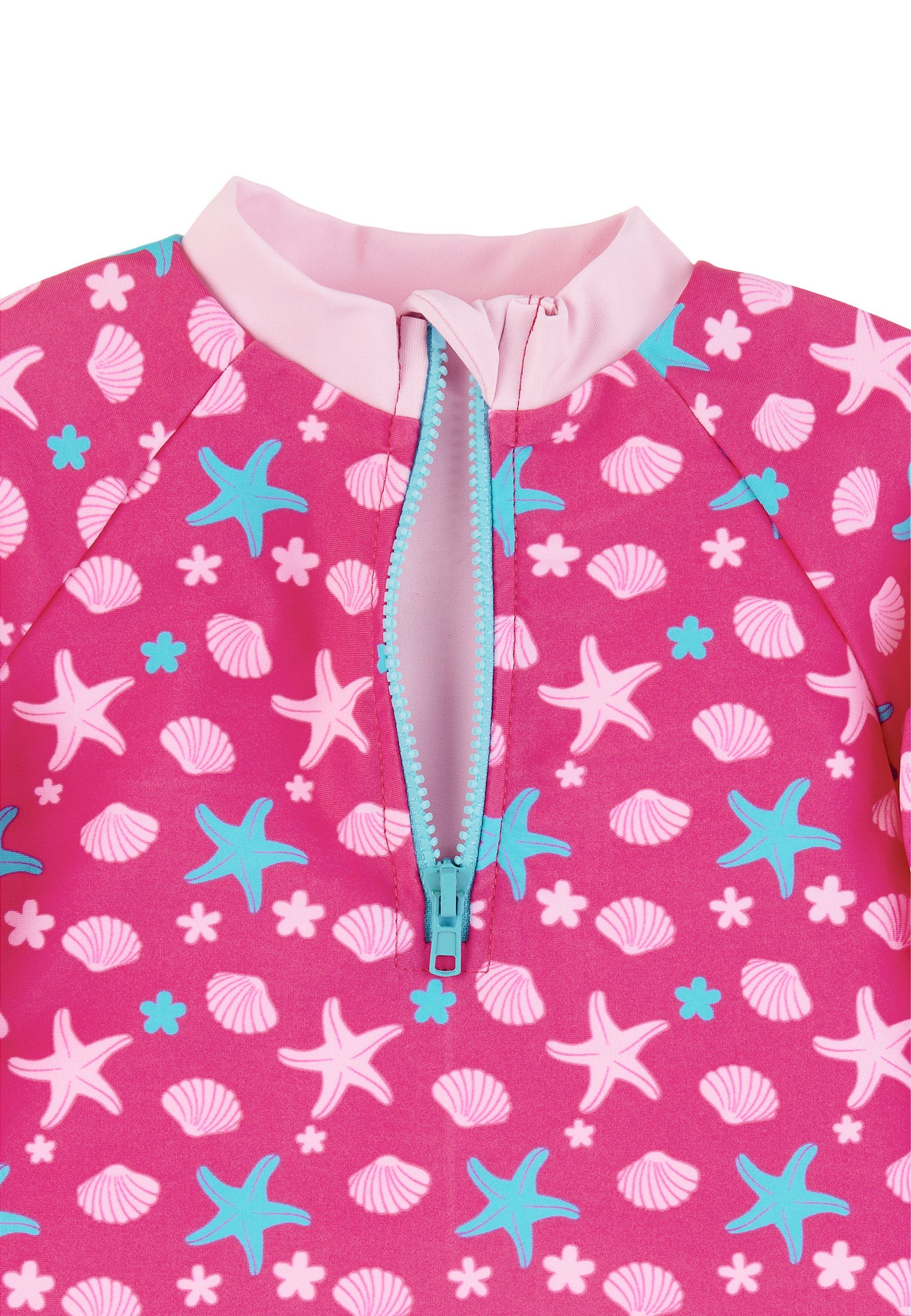 Sterntaler® Badeanzug Langarm-Schwimmshirt Seesterne Schwimmshirt Kinder - Langarm-Schwimm Shirt in Magenta mit Muscheln und Seesternen, UV-Schutz 50+ Badeshirt Baby Mädchen mit Frontzipper und Kinnschutz