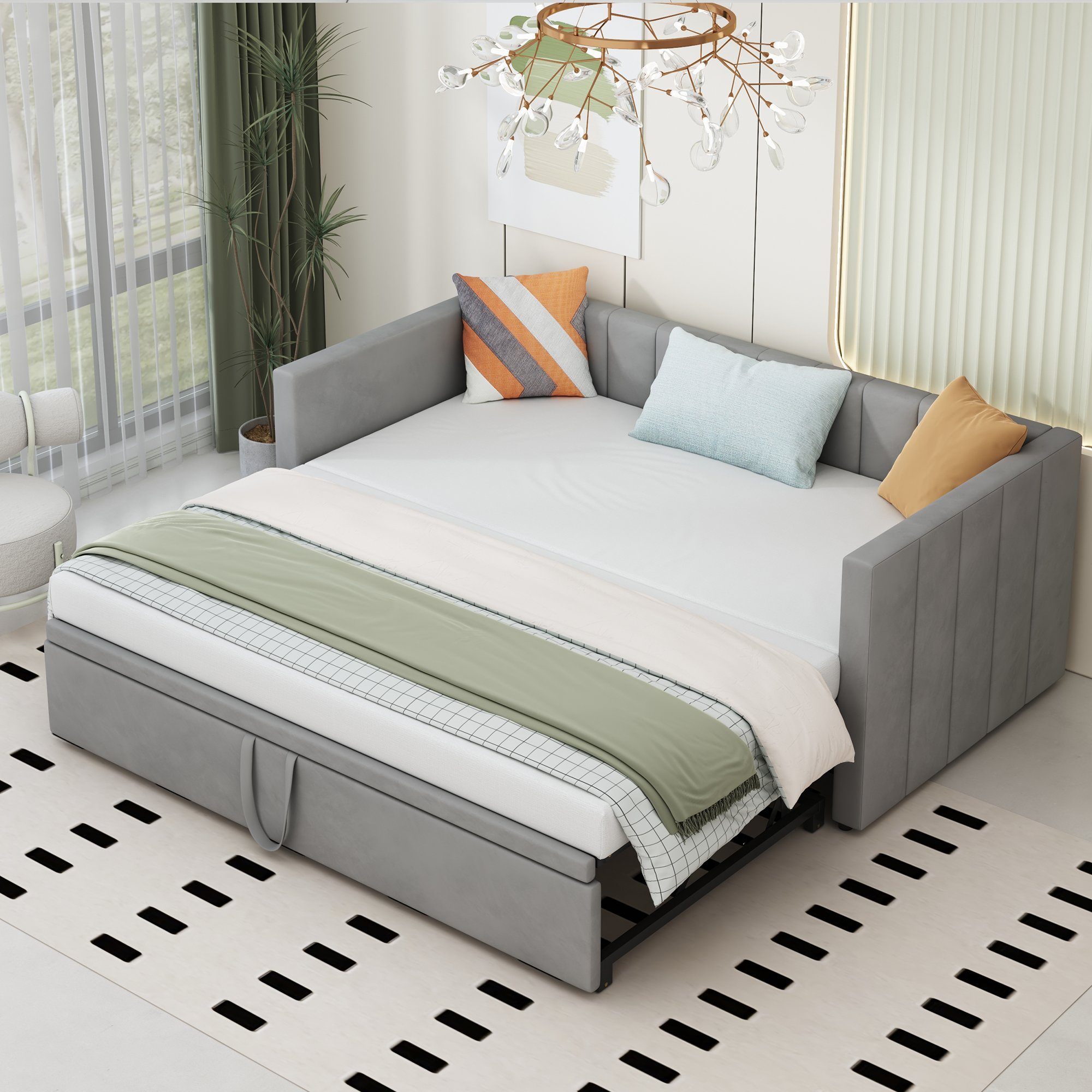 OKWISH Polsterbett Schlafsofa Kinderbett Bett Funktionsbett Doppelbett (mit Lattenrosten, Multifunktionsbett aus hautfreundlichem Samtstoff, Ausziehbares Schlafsofa 90/180*200 cm), ohne Matratze