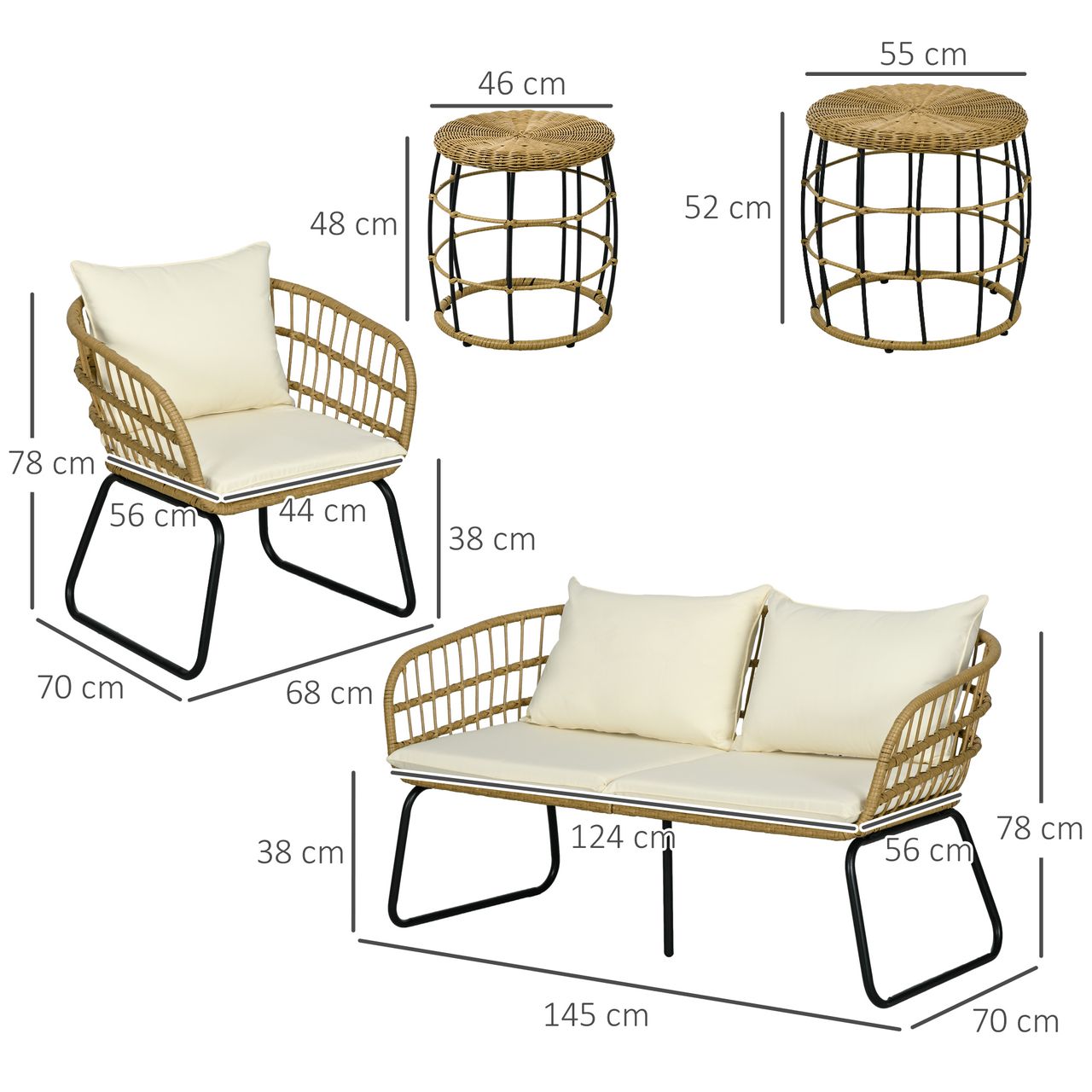 Outsunny 5 tlg. Rattan Gartenmöbel-Set, Gartengarnitur Sitzgruppe mit Kissen