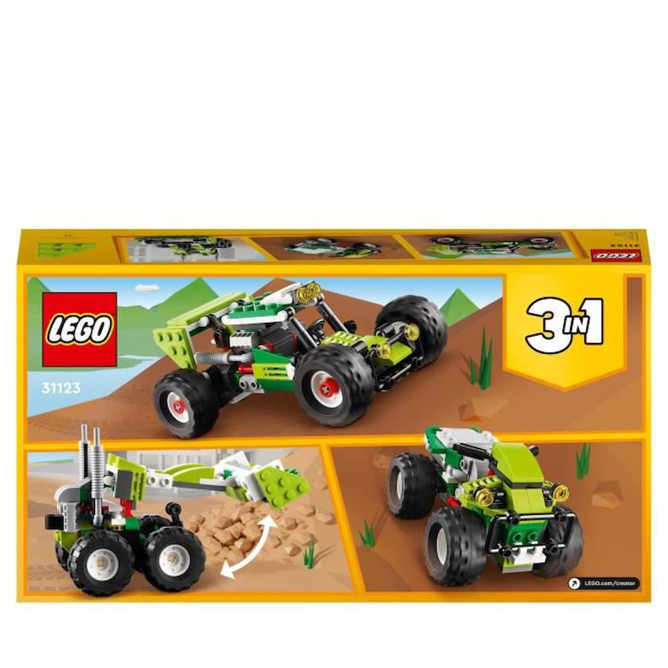 LEGO® 31123 Creator 3 en 1 Le Buggy Tout-Terrain, Chargeuse-Pelleteuse, VTT Jouet pour les Enfants, Ensemble de 3 Véhicules vert