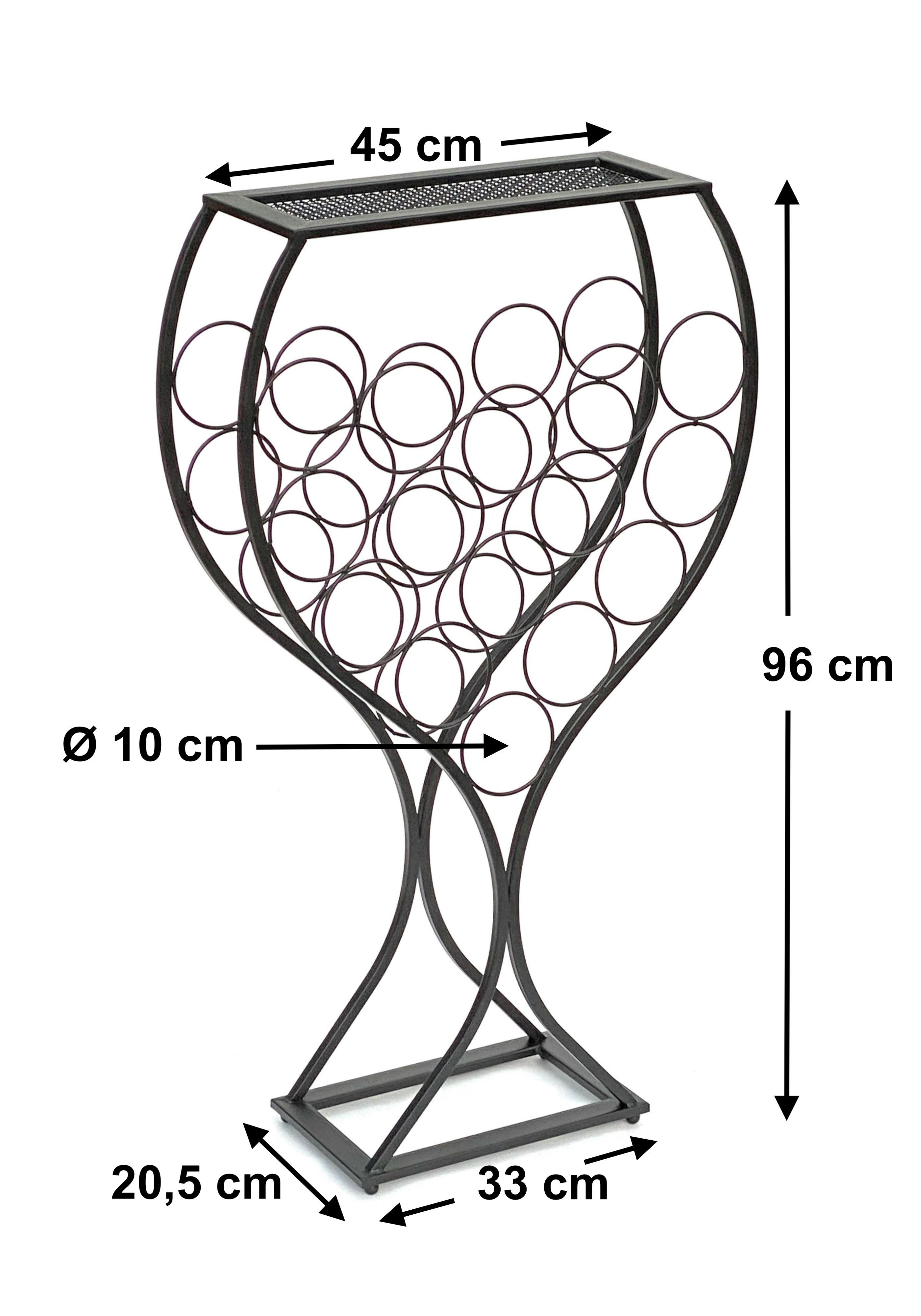 DanDiBo Weinregal im Weinglas Design Metall Schwarz Flaschenregal stehend 100 cm 96211, für 15 Flaschen, mit Ablage, aus Schmiedeeisen