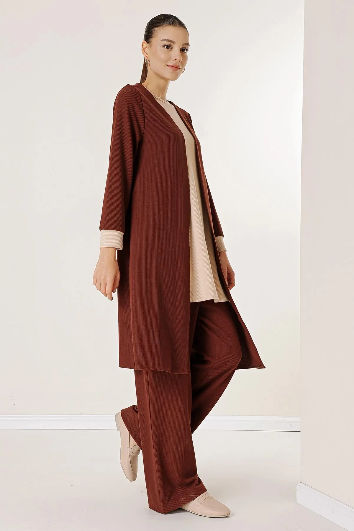 By Saygı  Ärmellose Tunika, elastische Taille, Hose, lange Strickjacke, gestrickt, 3-teiliges Set