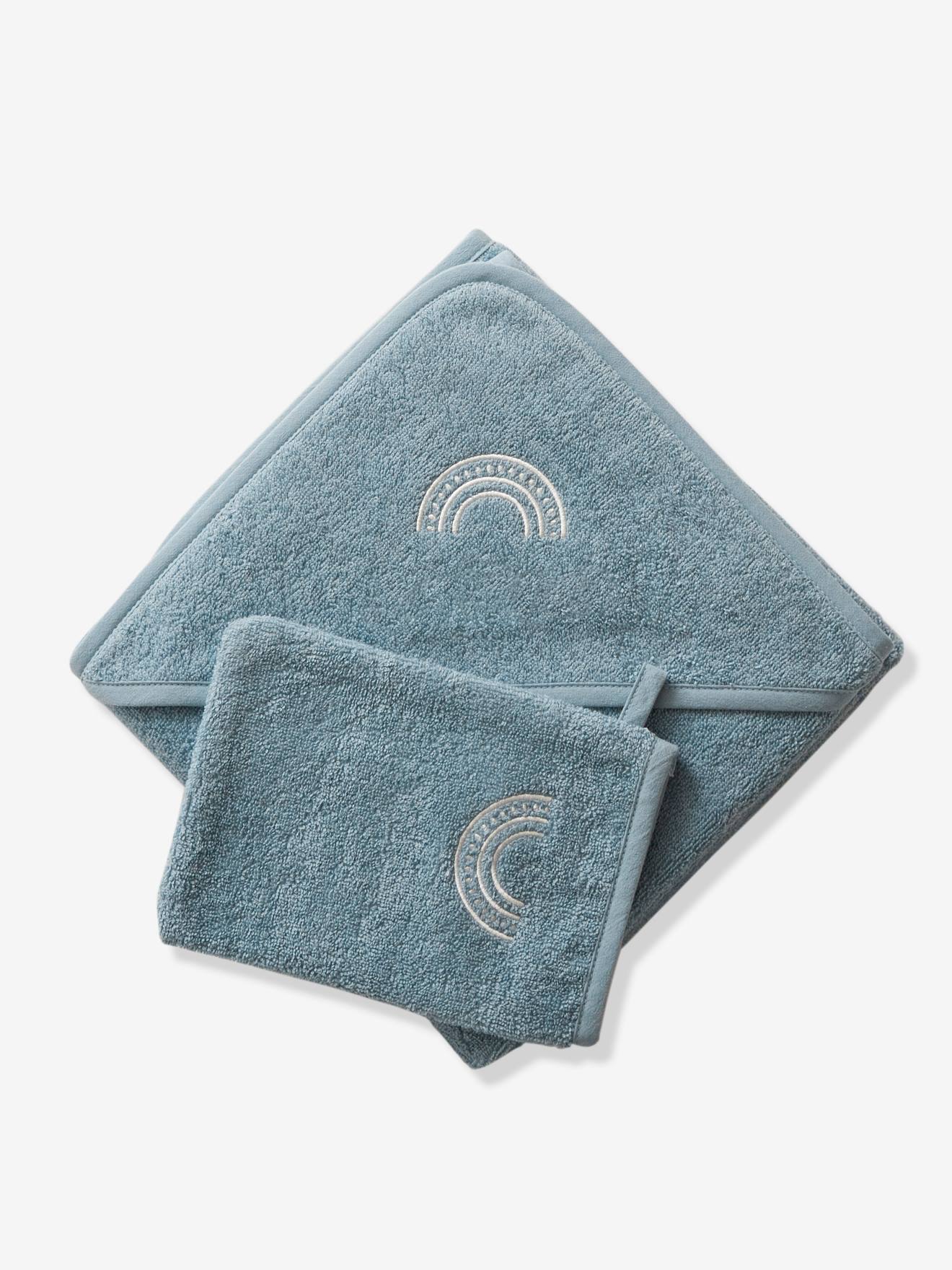 Vertbaudet Baby Kapuzenbadetuch & Waschhandschuh Oeko-Tex, personalisierbar - blau