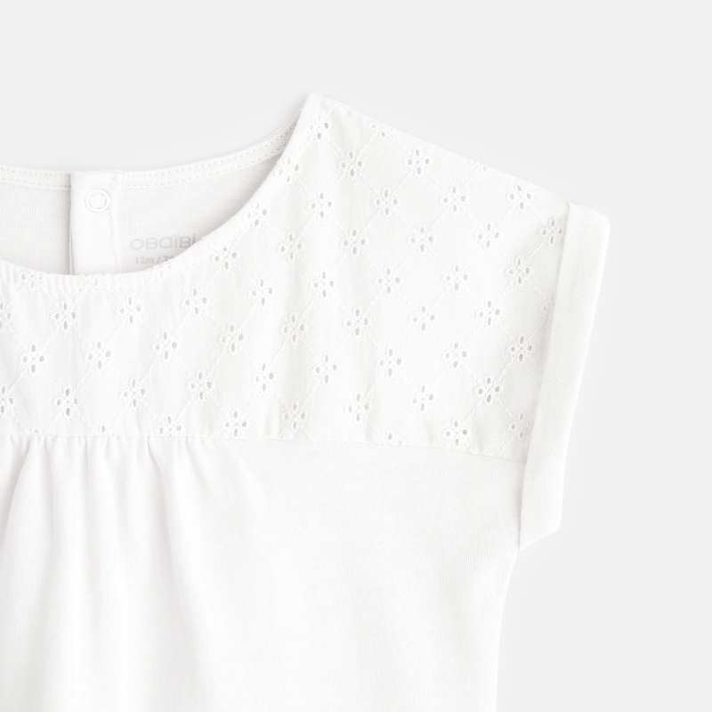 T-shirt bi-matière broderie anglaise blanc bébé fille