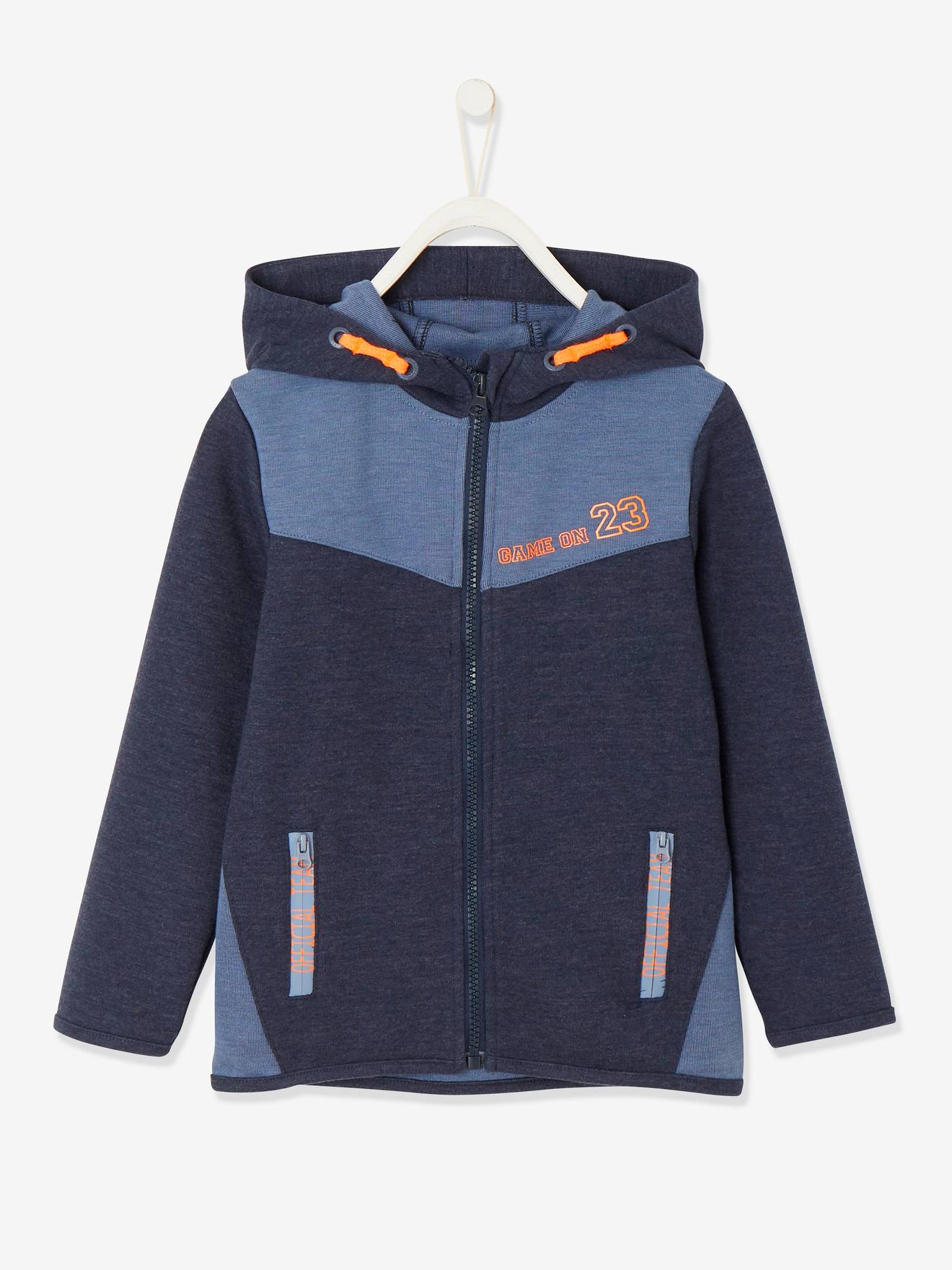 Sweat zippé sport garçon matière technique inscriptions graphiques bleu