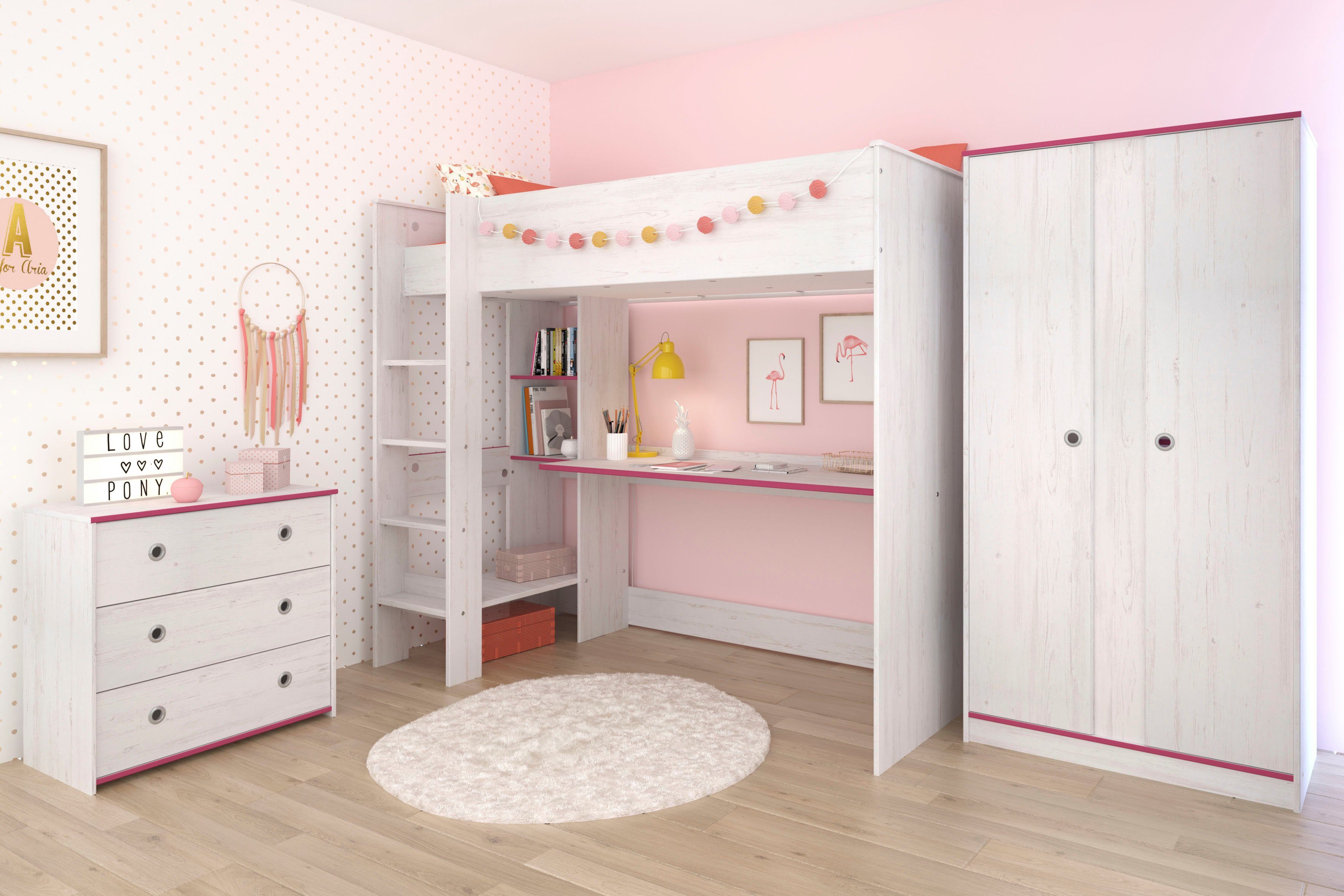 Parisot Jugendzimmer-Set Smoozy, (Set, 3-St., Hochbett mit Schreibtisch, Kleiderschrank und Schubkastenkommode)