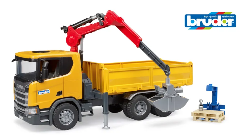 BRUDER - Scania Super 560R Baustellen-LKW mit Kran und 2 Paletten