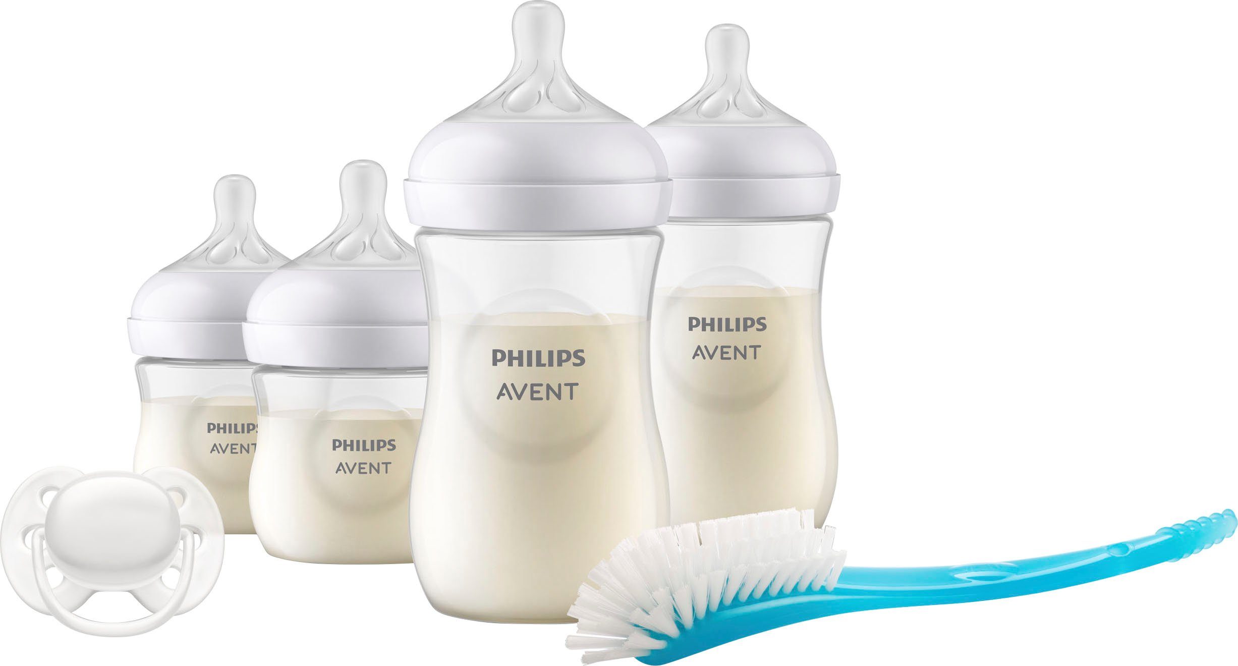 Philips AVENT Babyflasche Natural Response Starter-Set für Neugeborene SCD838/11, 4 Flaschen, ultra soft Schnuller und Flaschenbürste