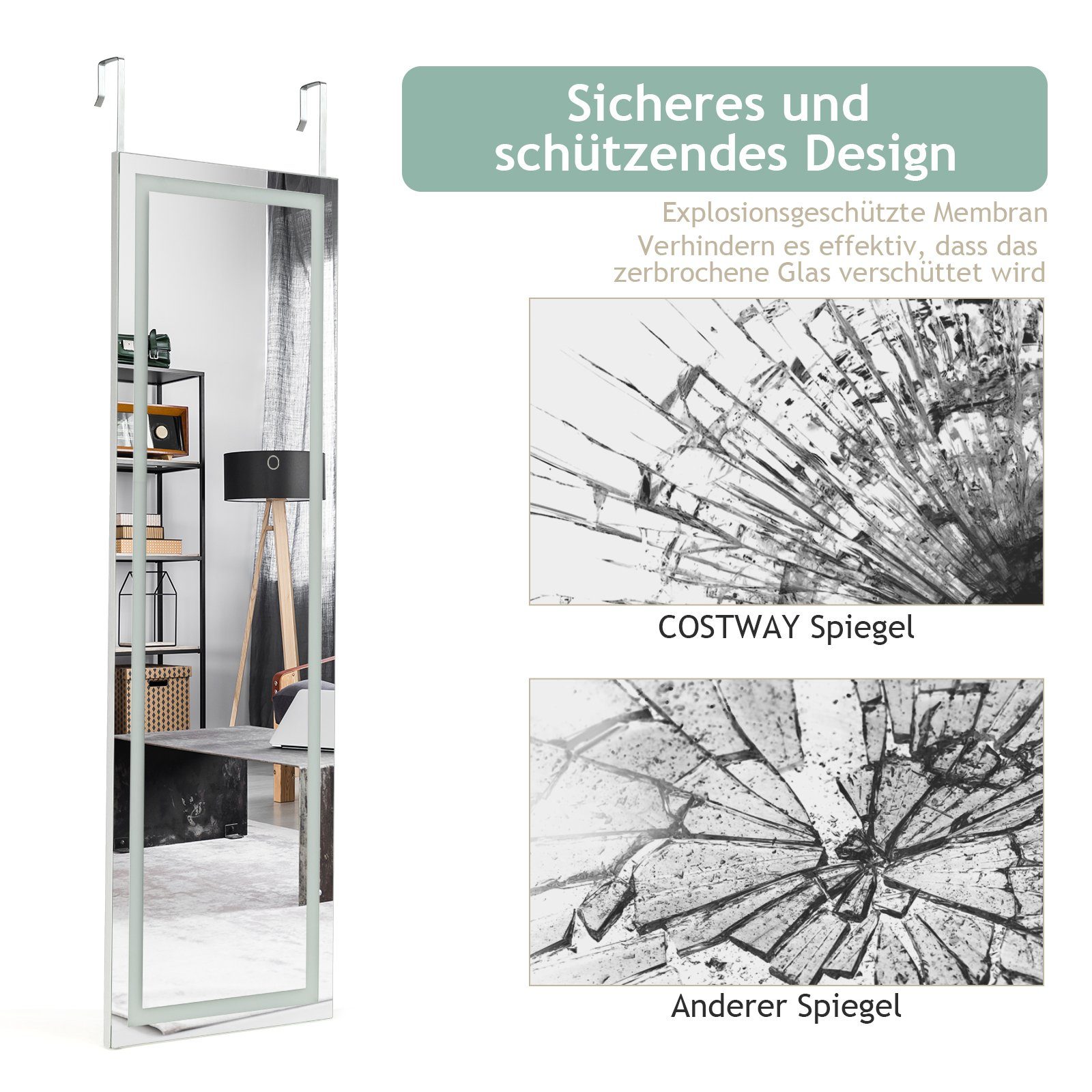 COSTWAY Wandspiegel, mit Beleuchtung in 3 Farben&Touchscreen, Ganzkörper