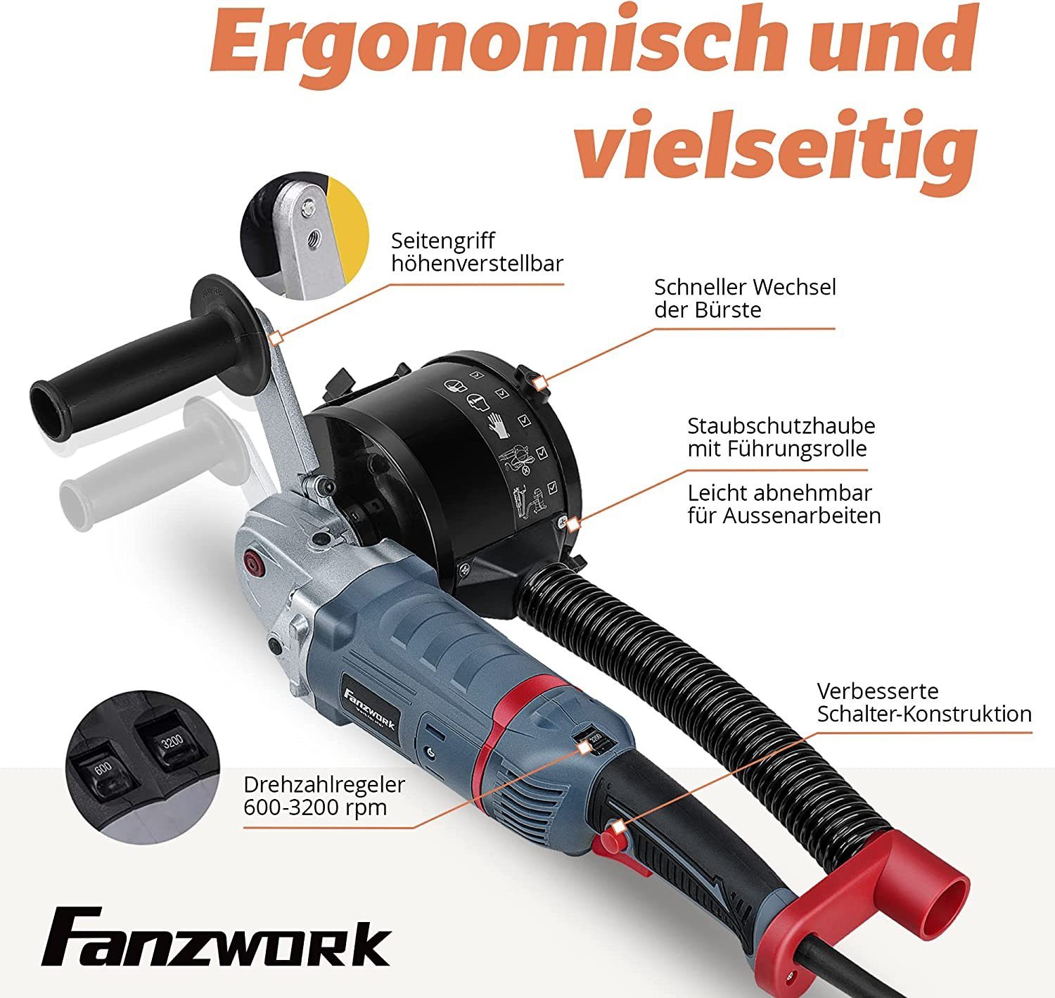 Fanztool Winkelpolierer FANZWORK 1500 Watt Satiniermaschine Schleifmaschine Bürstenschleifgerä, 3200 max. U/min, (Spar-Set, 2 tlg)