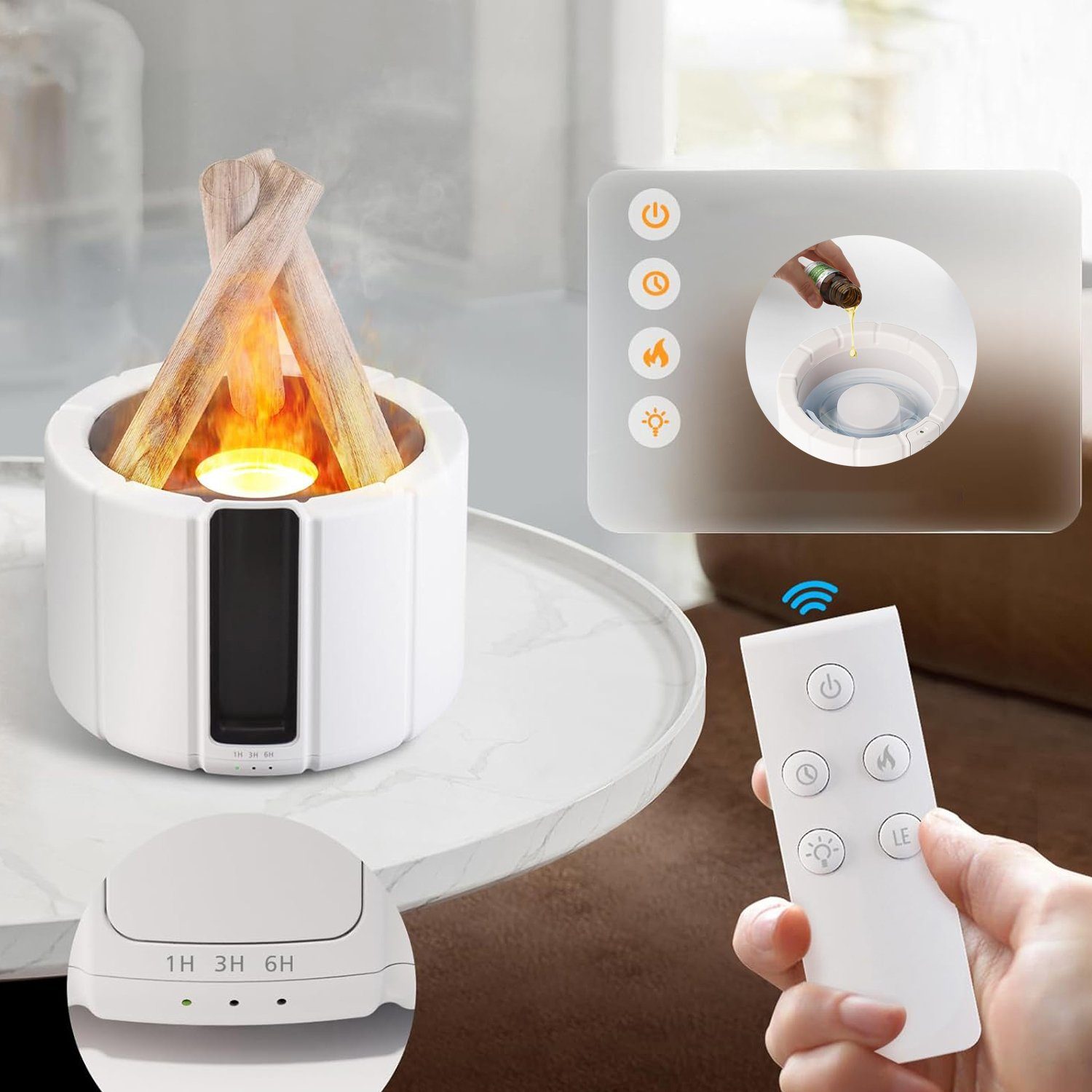 Bedee Diffuser Flame Aroma Diffuser für Ätherische Öle 250ml Lagerfeuer Flammeneffekt, 0,25 l Wassertank, mit 3 Helligkeit Modi, mit Fernbedienung, 3 Timer