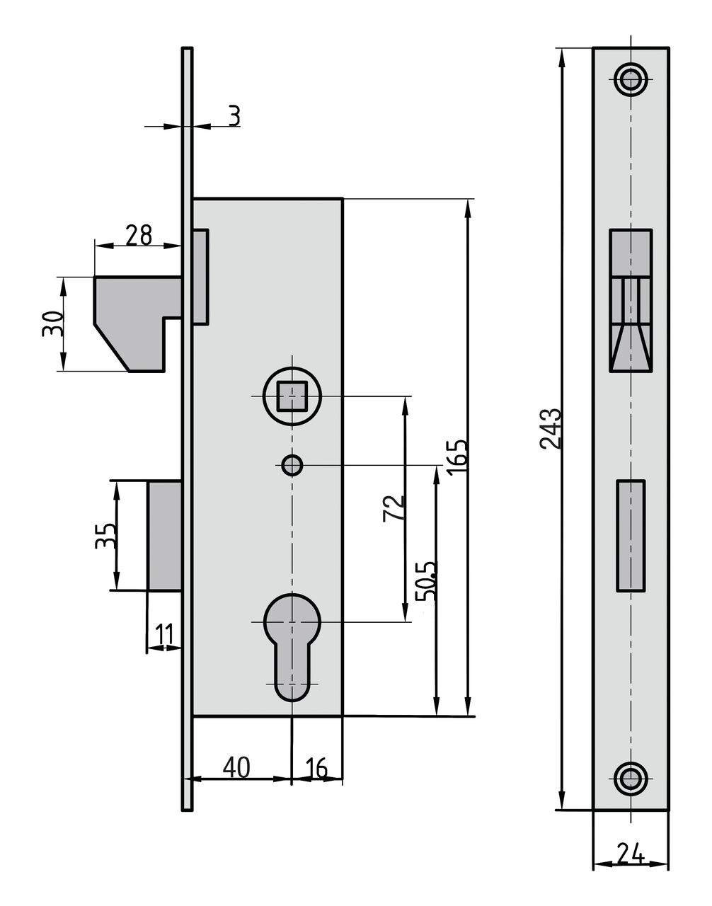 Basi Einsteck-Hakenfallenriegelschloss - ES 988 - Lochung: PZ - Dornmaß: 40 mm - Stulp 24 mm