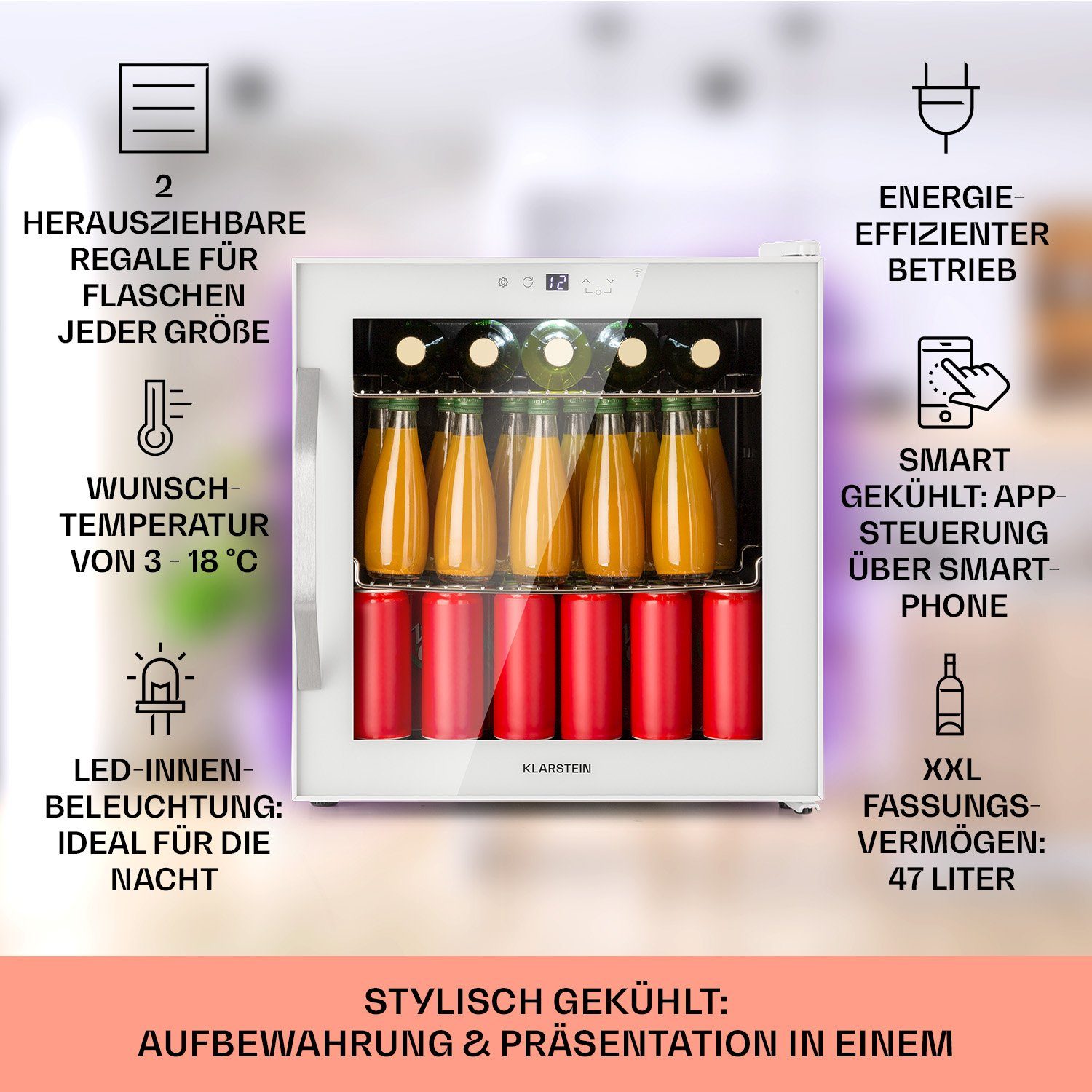 Klarstein Getränkekühlschrank HEA-Coachella 50-wh 10045041, 51 cm hoch, 47.5 cm breit, Bierkühlschrank Getränkekühlschrank Flaschenkühlschrank mit Glastür