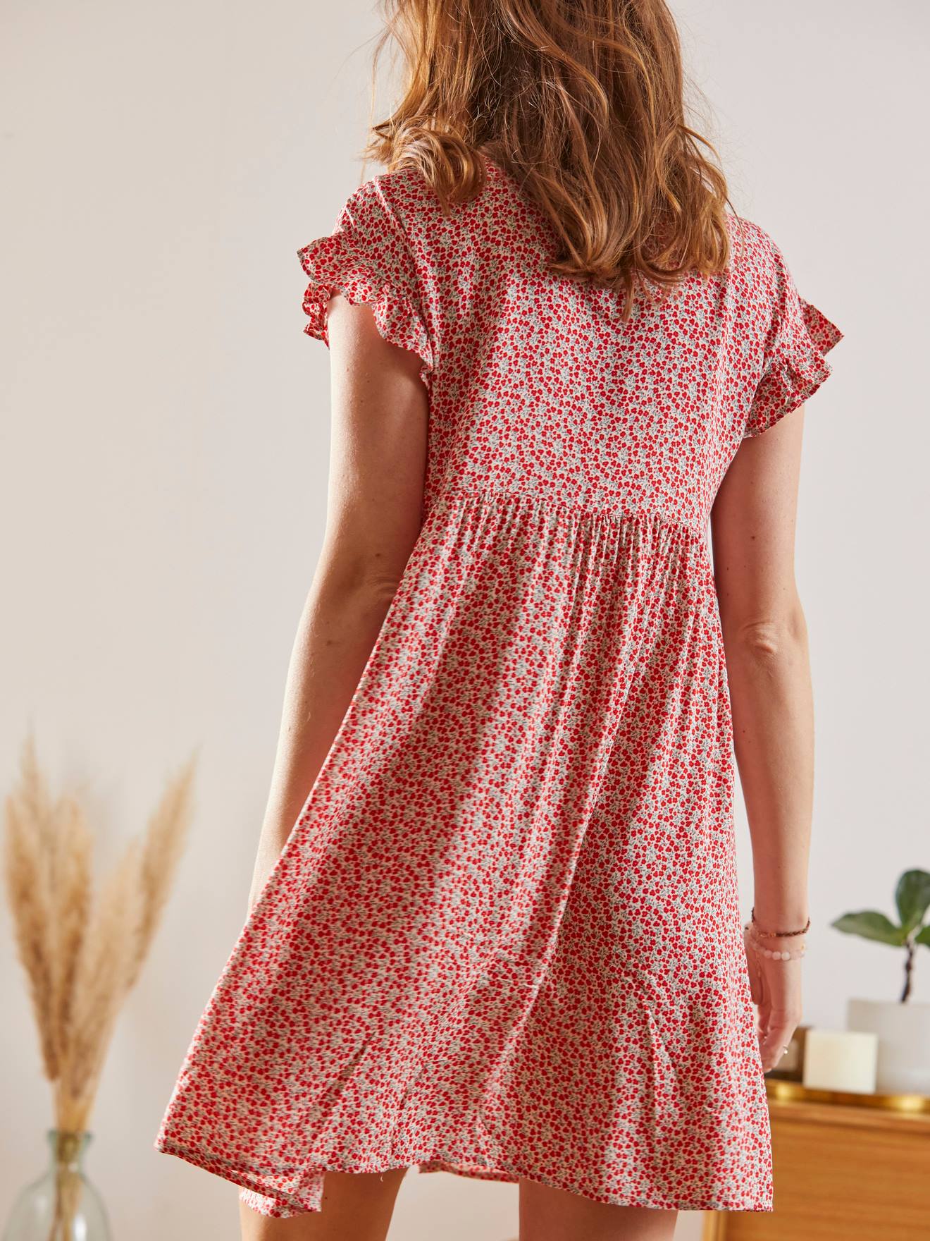 Robe fluide imprimée grossesse et allaitement beige aop