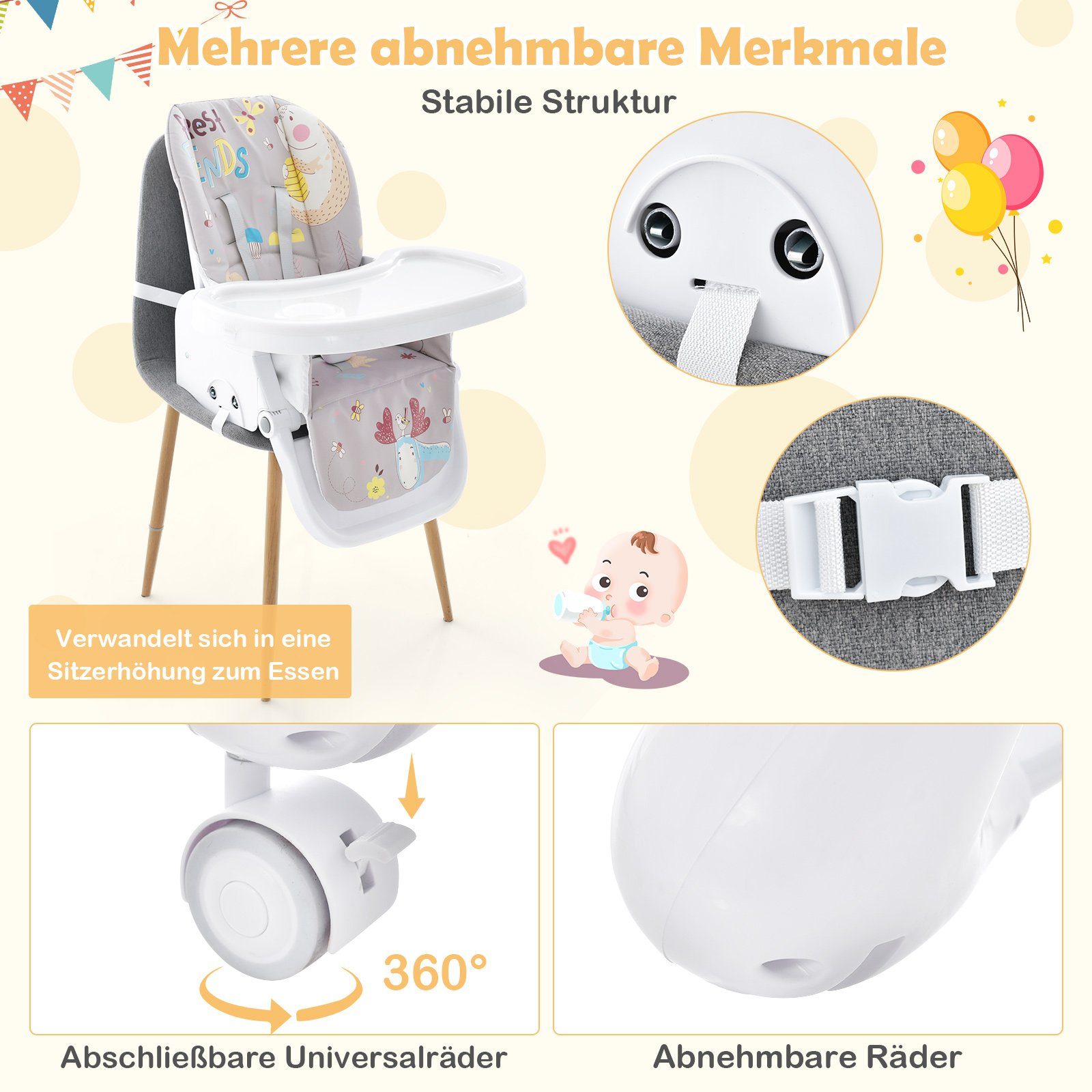 COSTWAY Hochstuhl, 3in1 klappbarer Babyhochstuhl, 7-stufiger Höhen, verstellbar